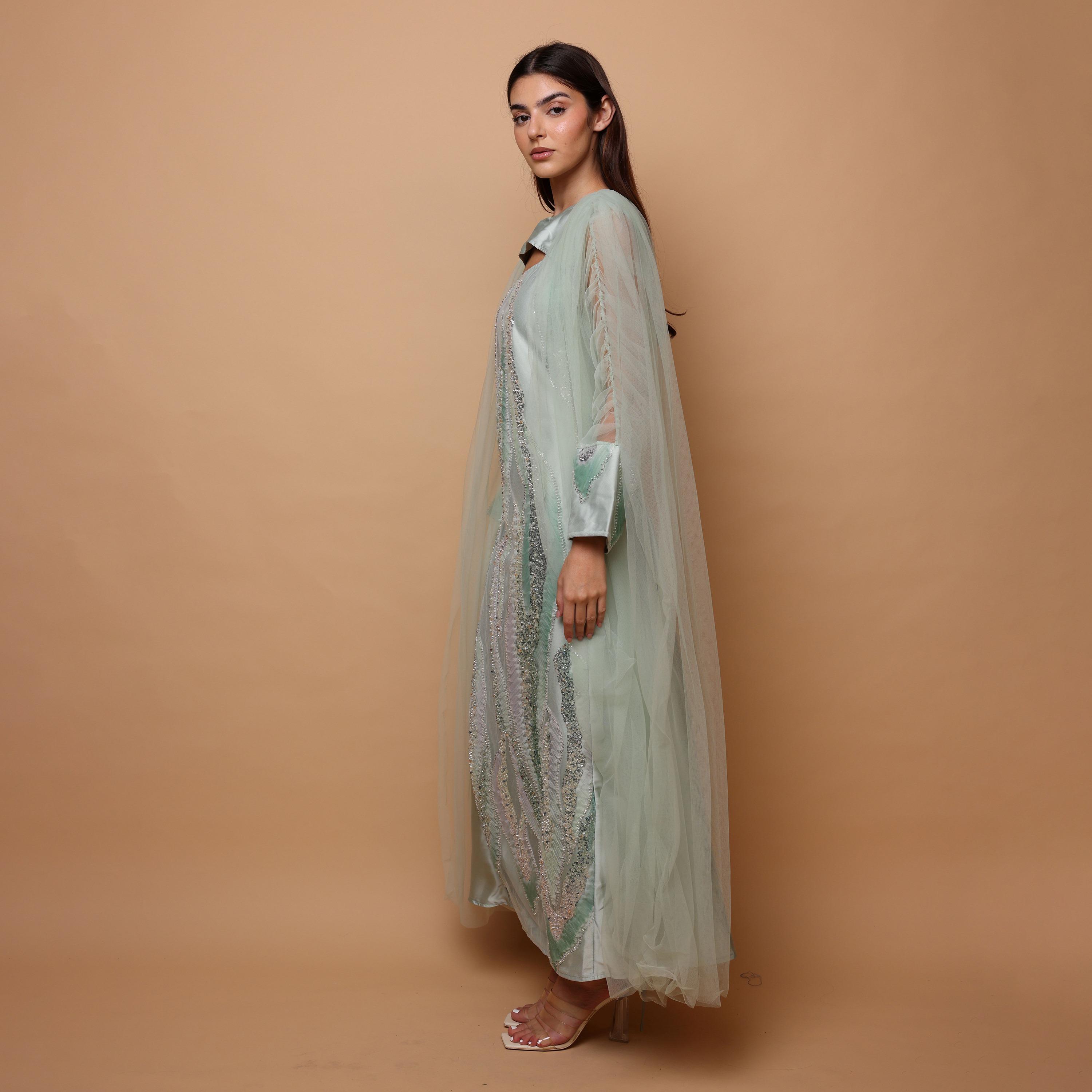 IKKXA Sequined & Beaded Ruched Sleeves Women's Evening Jalabiya with Mesh Overlay-women-arabicclothing-jalabiyas-image-3