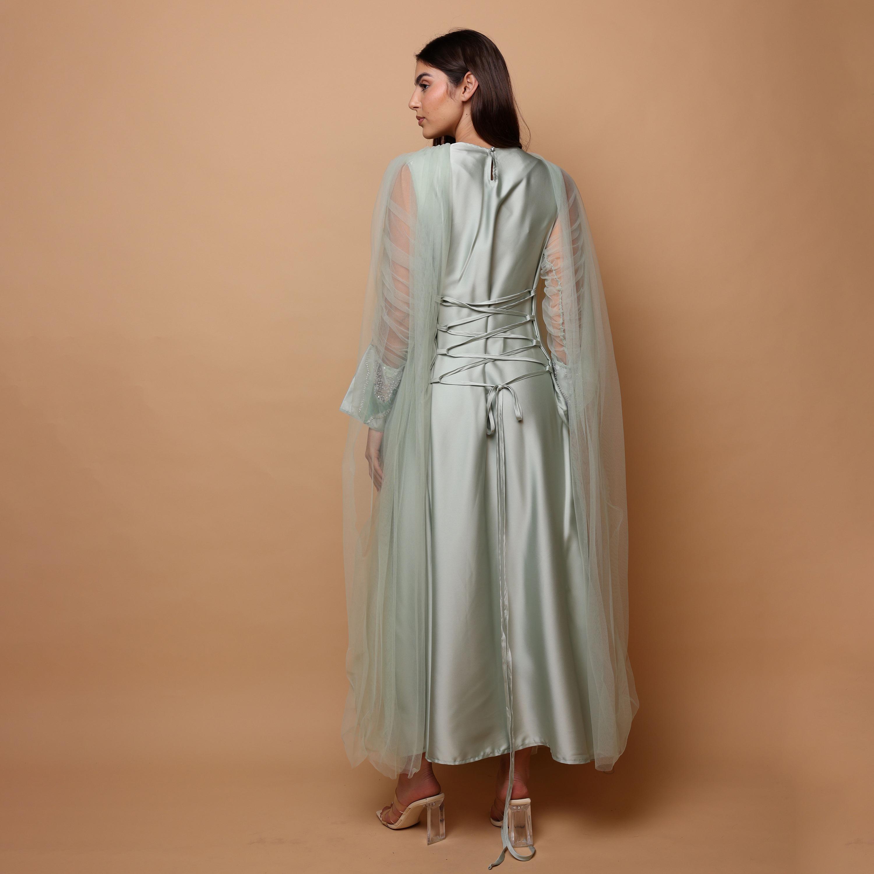 IKKXA Sequined & Beaded Ruched Sleeves Women's Evening Jalabiya with Mesh Overlay-women-arabicclothing-jalabiyas-image-4