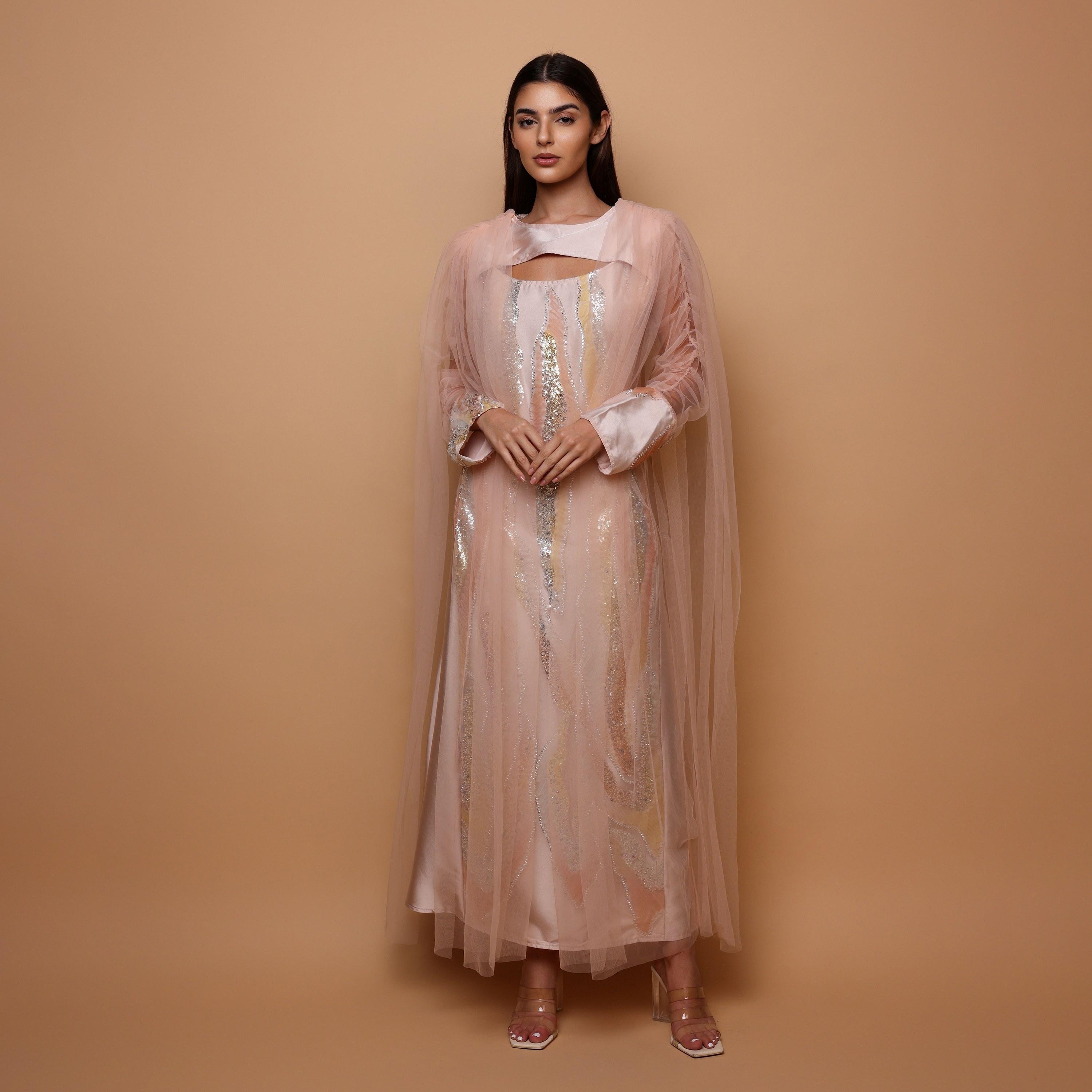 IKKXA Sequined & Beaded Ruched Sleeves Women's Evening Jalabiya with Mesh Overlay-women-arabicclothing-jalabiyas-image-1