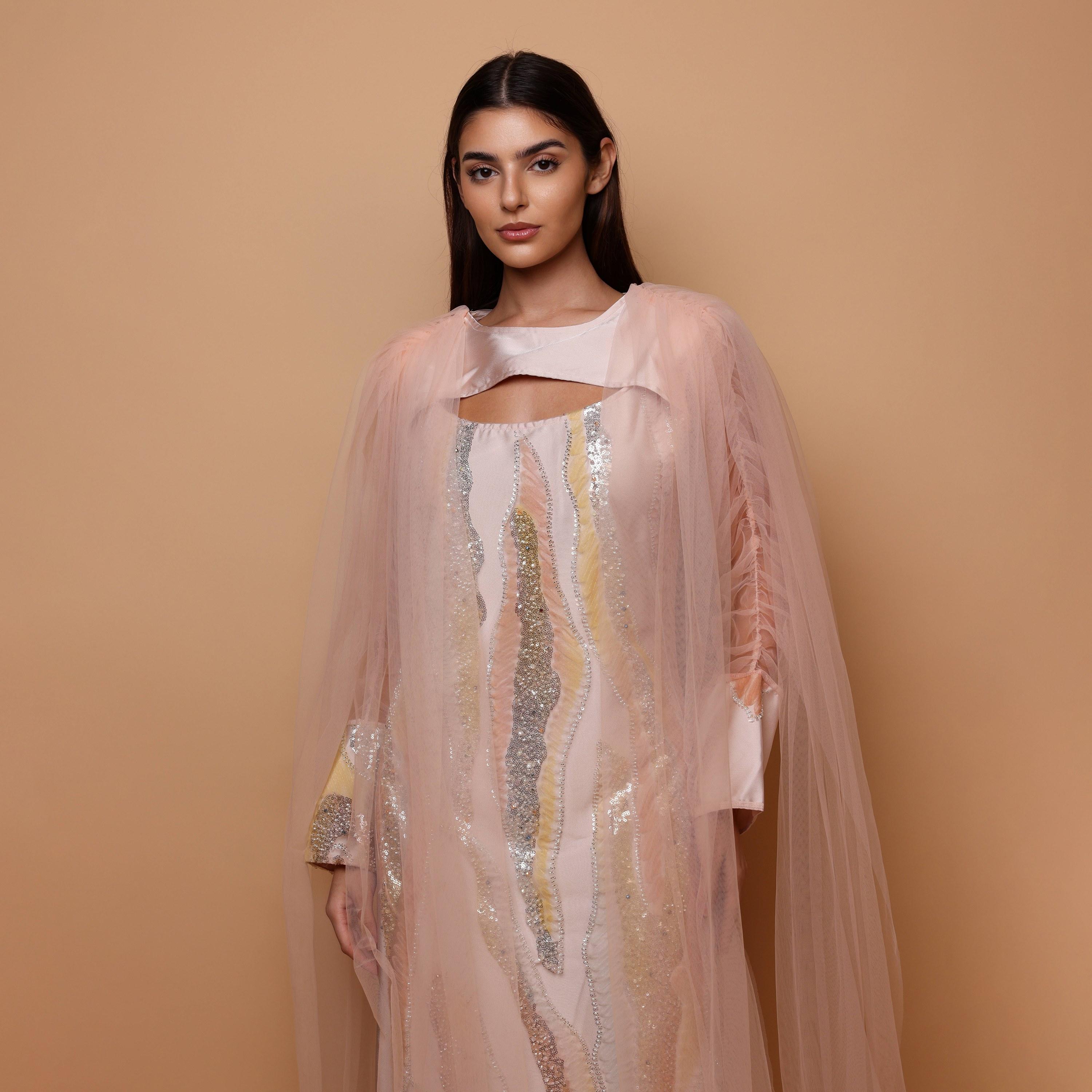 IKKXA Sequined & Beaded Ruched Sleeves Women's Evening Jalabiya with Mesh Overlay-women-arabicclothing-jalabiyas-image-2