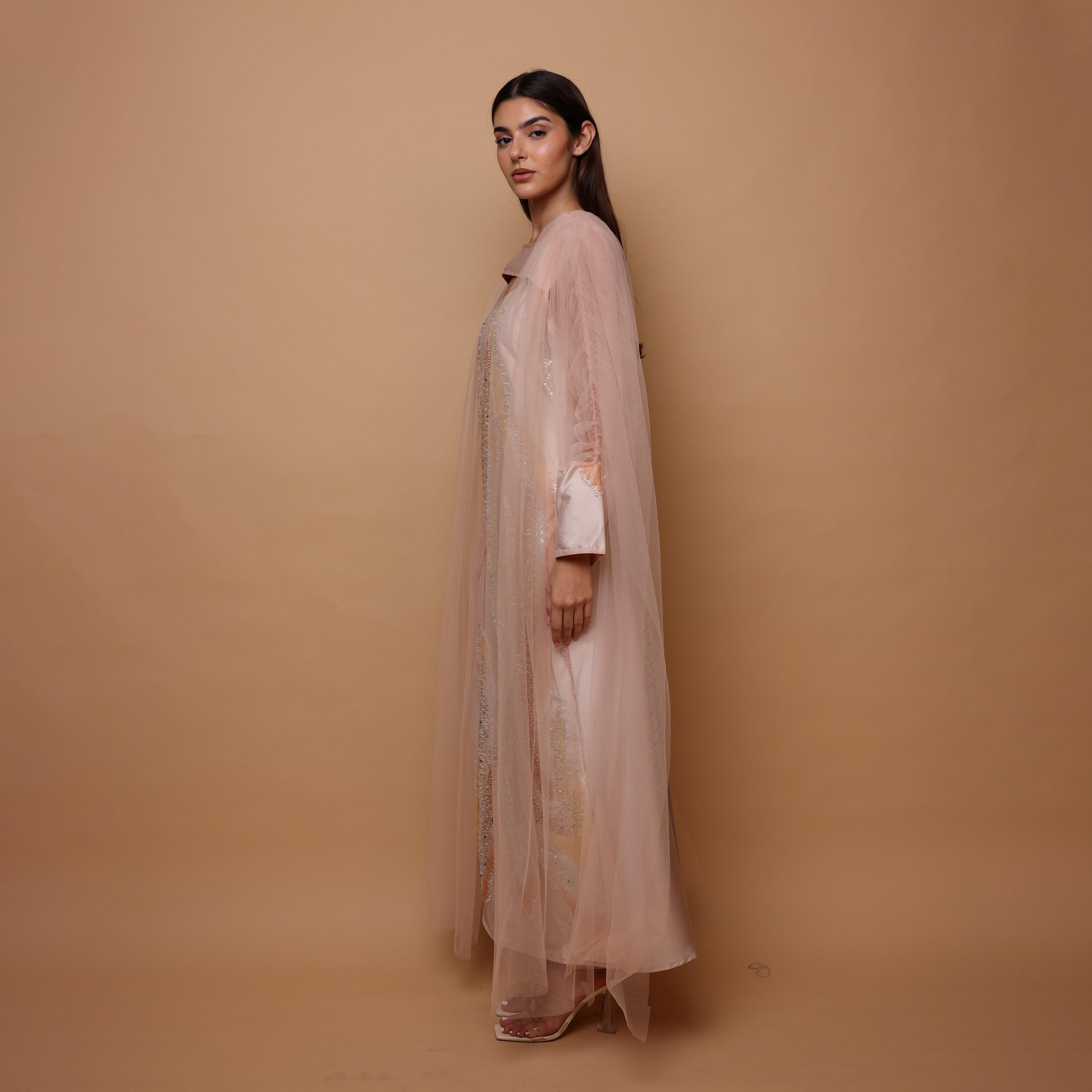 IKKXA Sequined & Beaded Ruched Sleeves Women's Evening Jalabiya with Mesh Overlay-women-arabicclothing-jalabiyas-image-3
