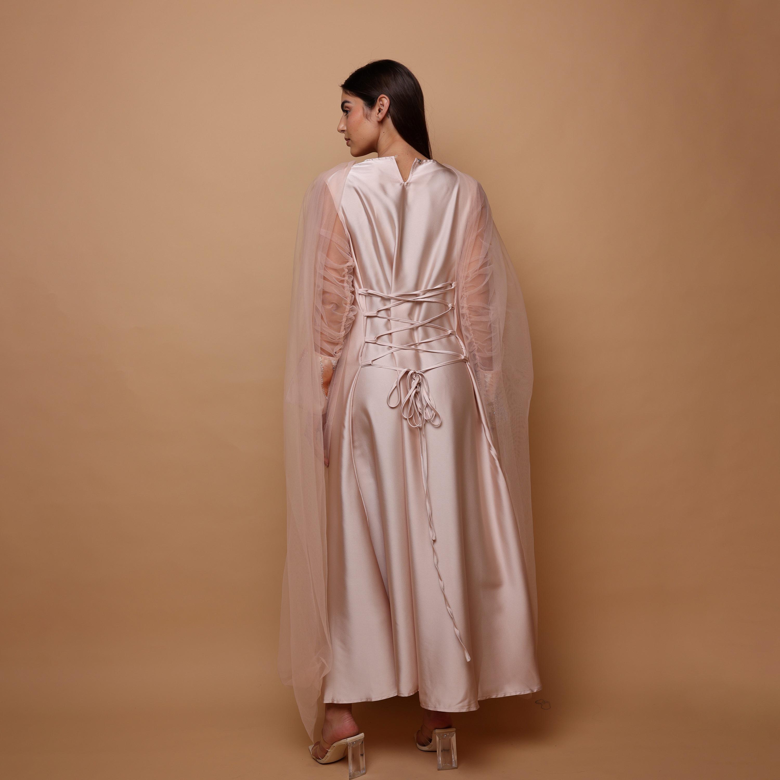 IKKXA Sequined & Beaded Ruched Sleeves Women's Evening Jalabiya with Mesh Overlay-women-arabicclothing-jalabiyas-image-4