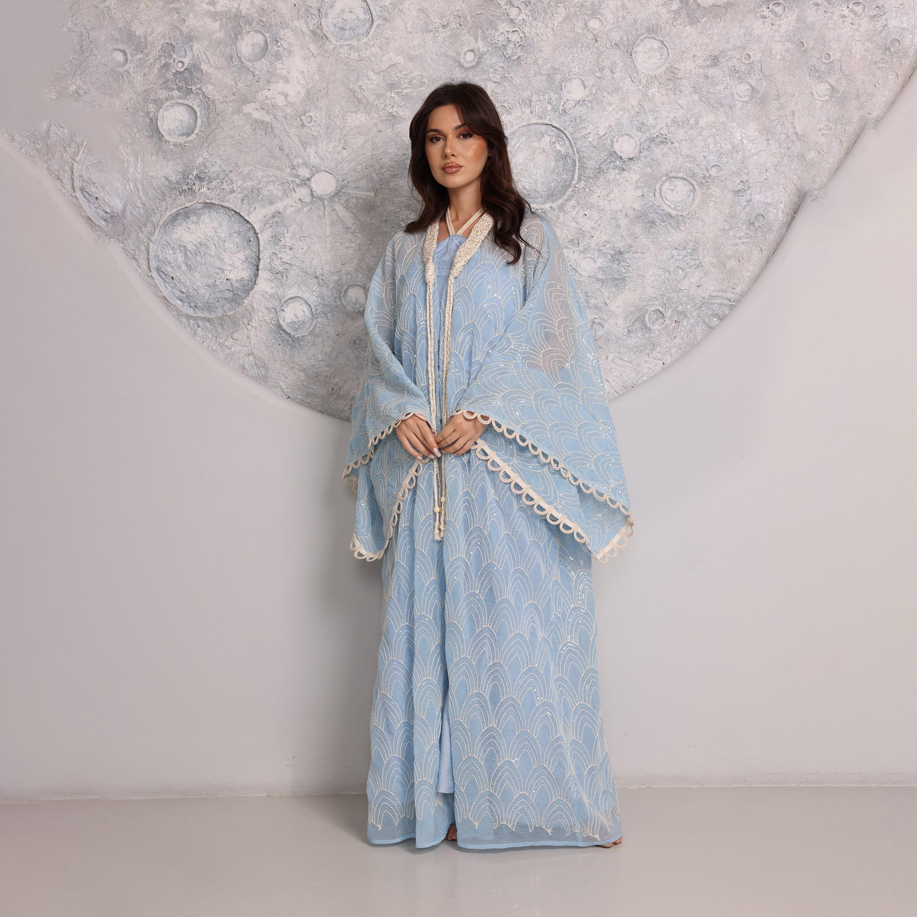 IKKXA Embroidered & Sequined Halter Neck Kimono Sleeves Women's Evening Kaftan Style Jalabiya with Inner Dress-women-clothing-dresses-image-1