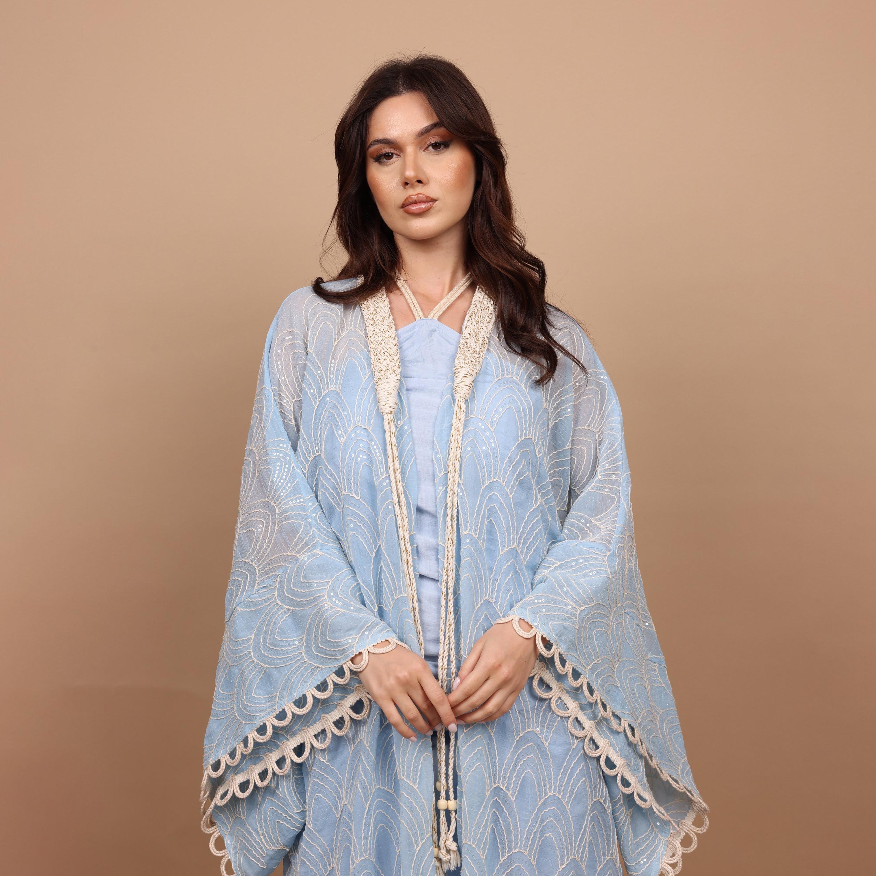 IKKXA Embroidered & Sequined Halter Neck Kimono Sleeves Women's Evening Kaftan Style Jalabiya with Inner Dress-women-clothing-dresses-image-2
