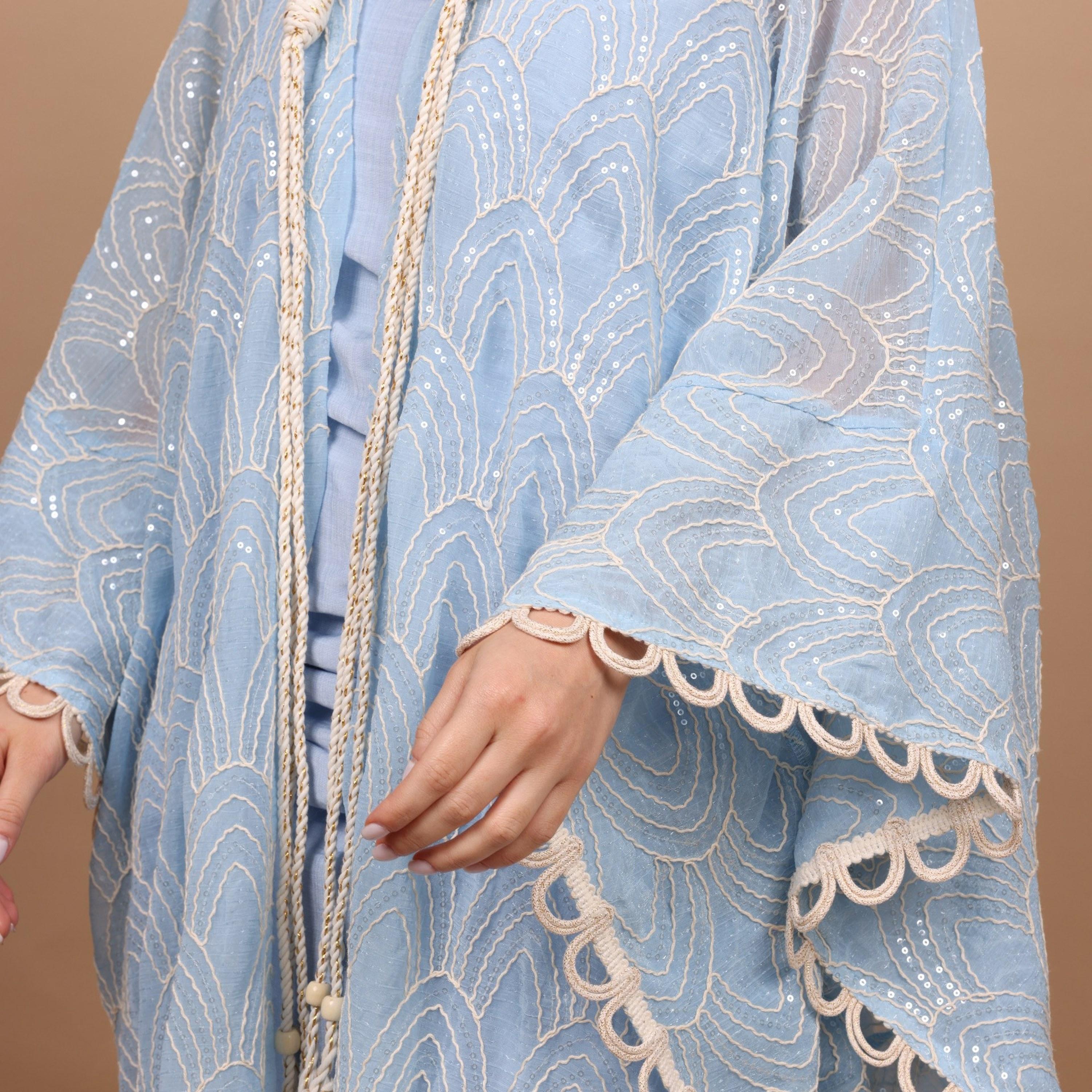 IKKXA Embroidered & Sequined Halter Neck Kimono Sleeves Women's Evening Kaftan Style Jalabiya with Inner Dress-women-clothing-dresses-image-3