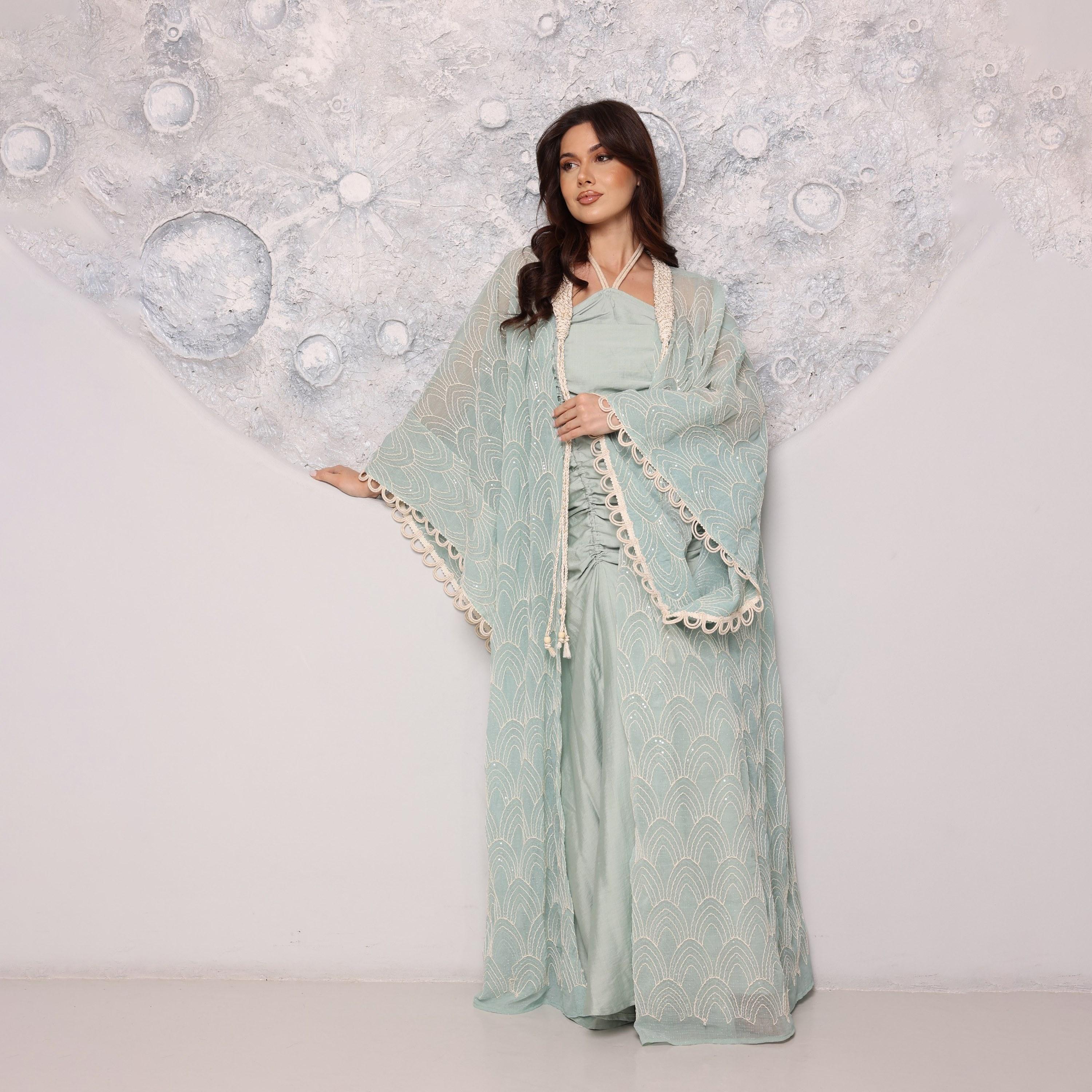 IKKXA Embroidered & Sequined Halter Neck Kimono Sleeves Women's Evening Kaftan Style Jalabiya with Inner Dress-women-clothing-dresses-image-1
