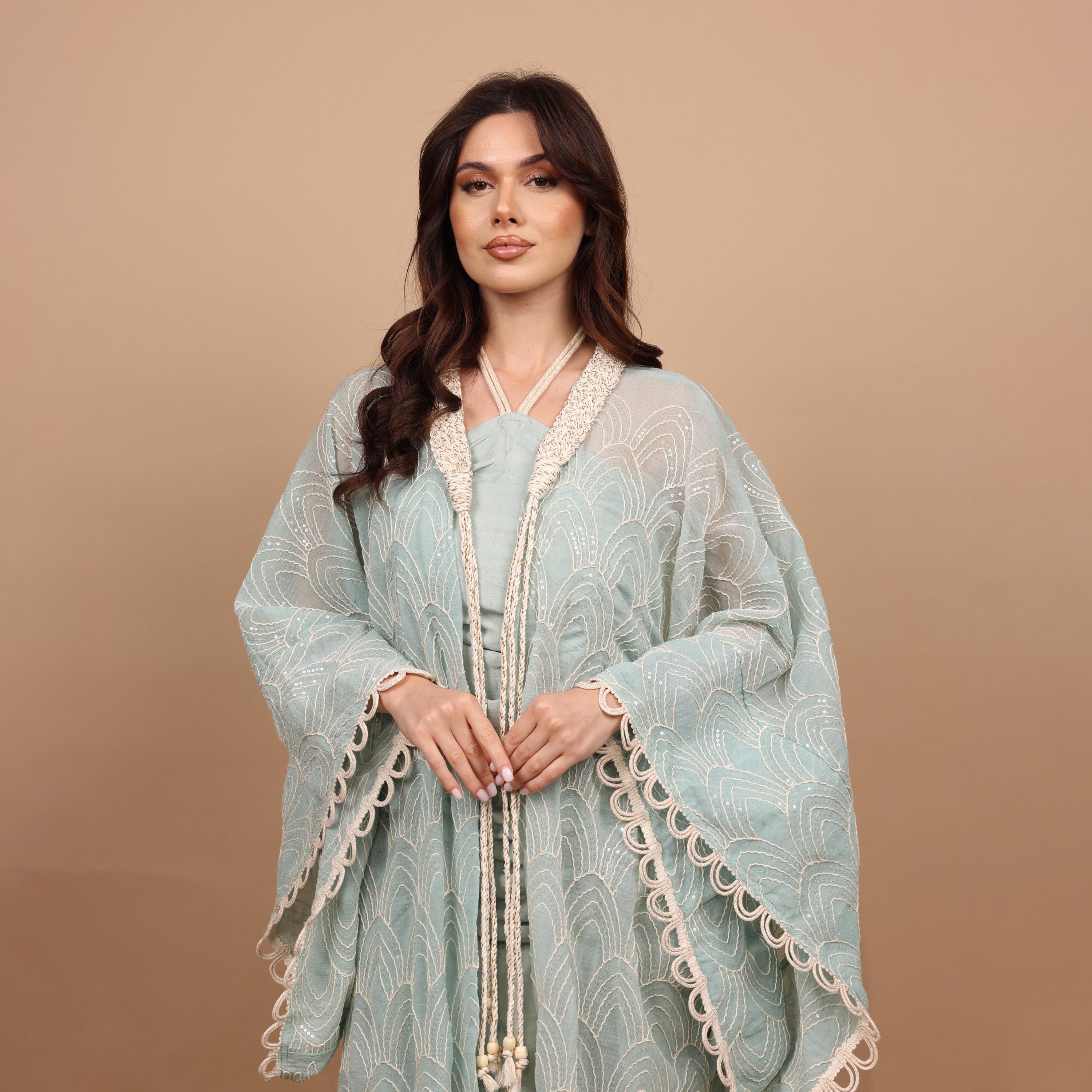 IKKXA Embroidered & Sequined Halter Neck Kimono Sleeves Women's Evening Kaftan Style Jalabiya with Inner Dress-women-clothing-dresses-image-2