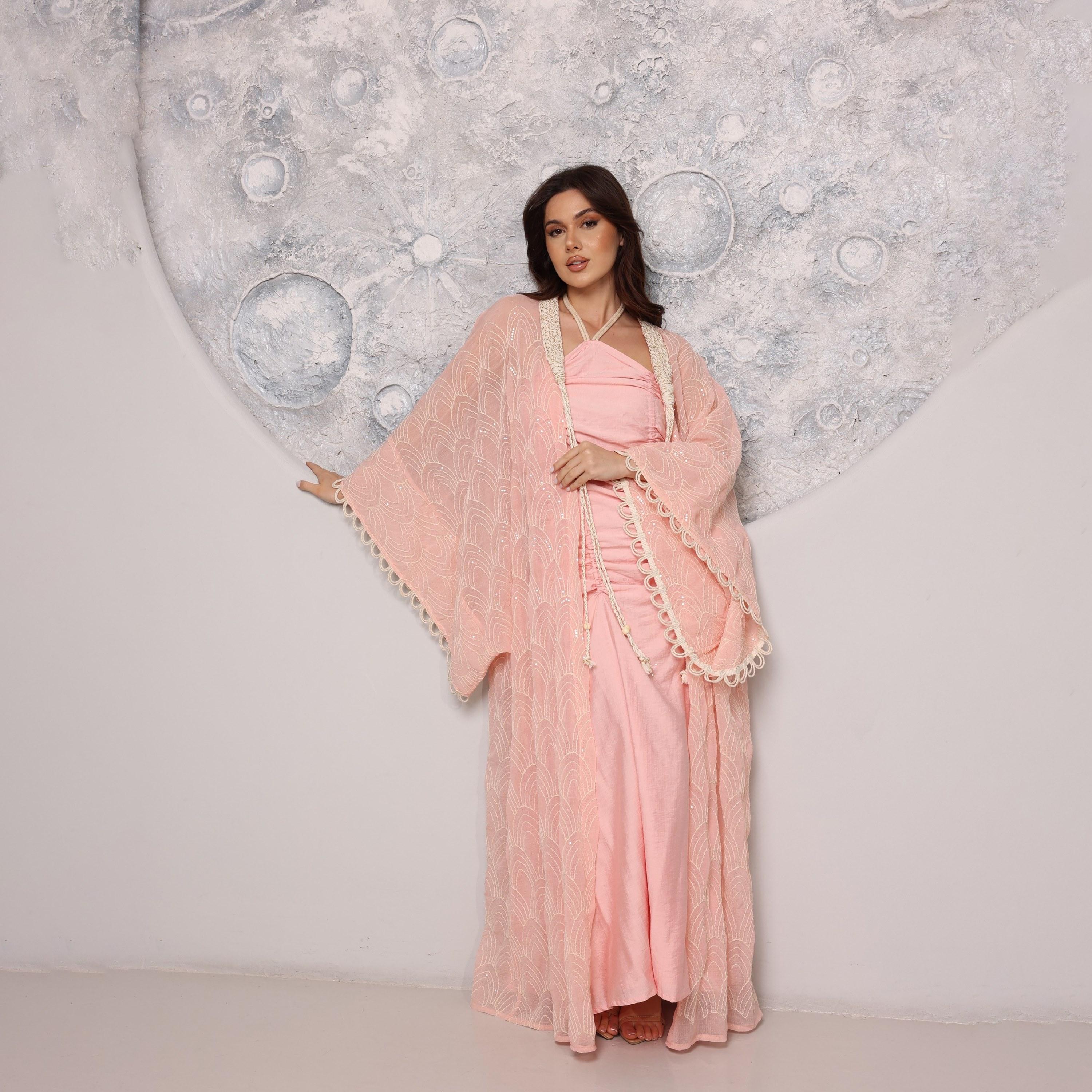 IKKXA Embroidered & Sequined Halter Neck Kimono Sleeves Women's Evening Kaftan Style Jalabiya with Inner Dress-women-clothing-dresses-image-1