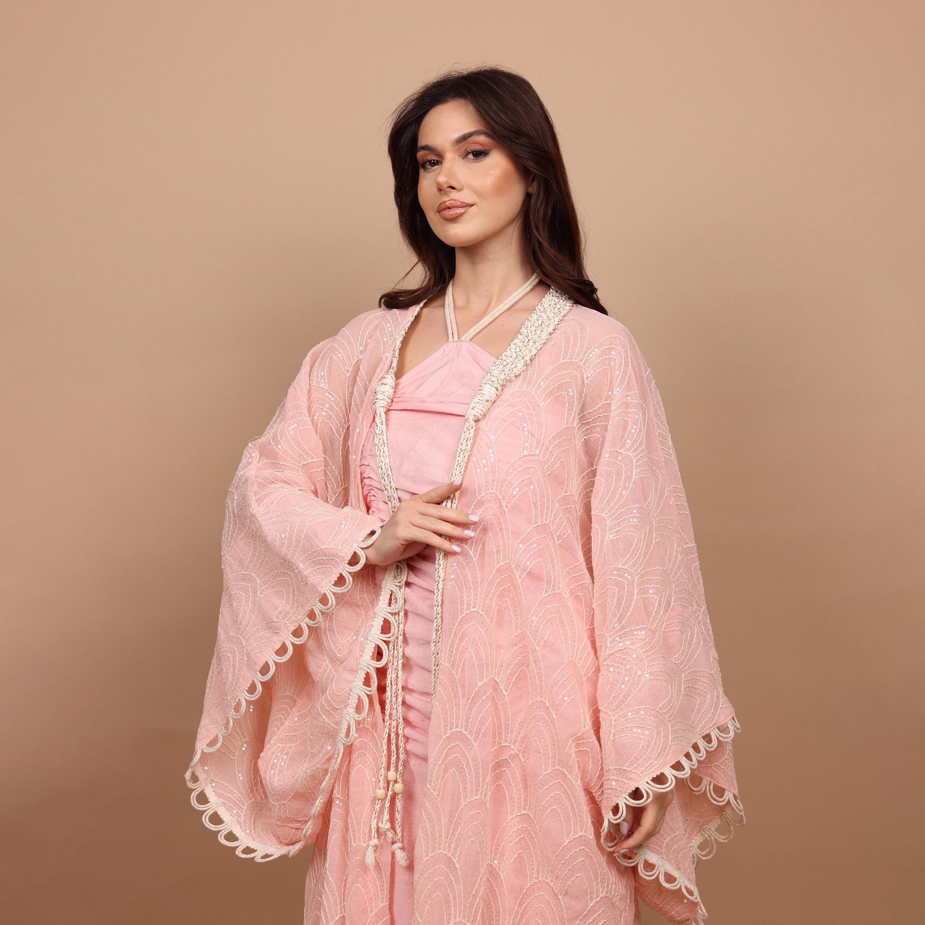 IKKXA Embroidered & Sequined Halter Neck Kimono Sleeves Women's Evening Kaftan Style Jalabiya with Inner Dress-women-clothing-dresses-image-2