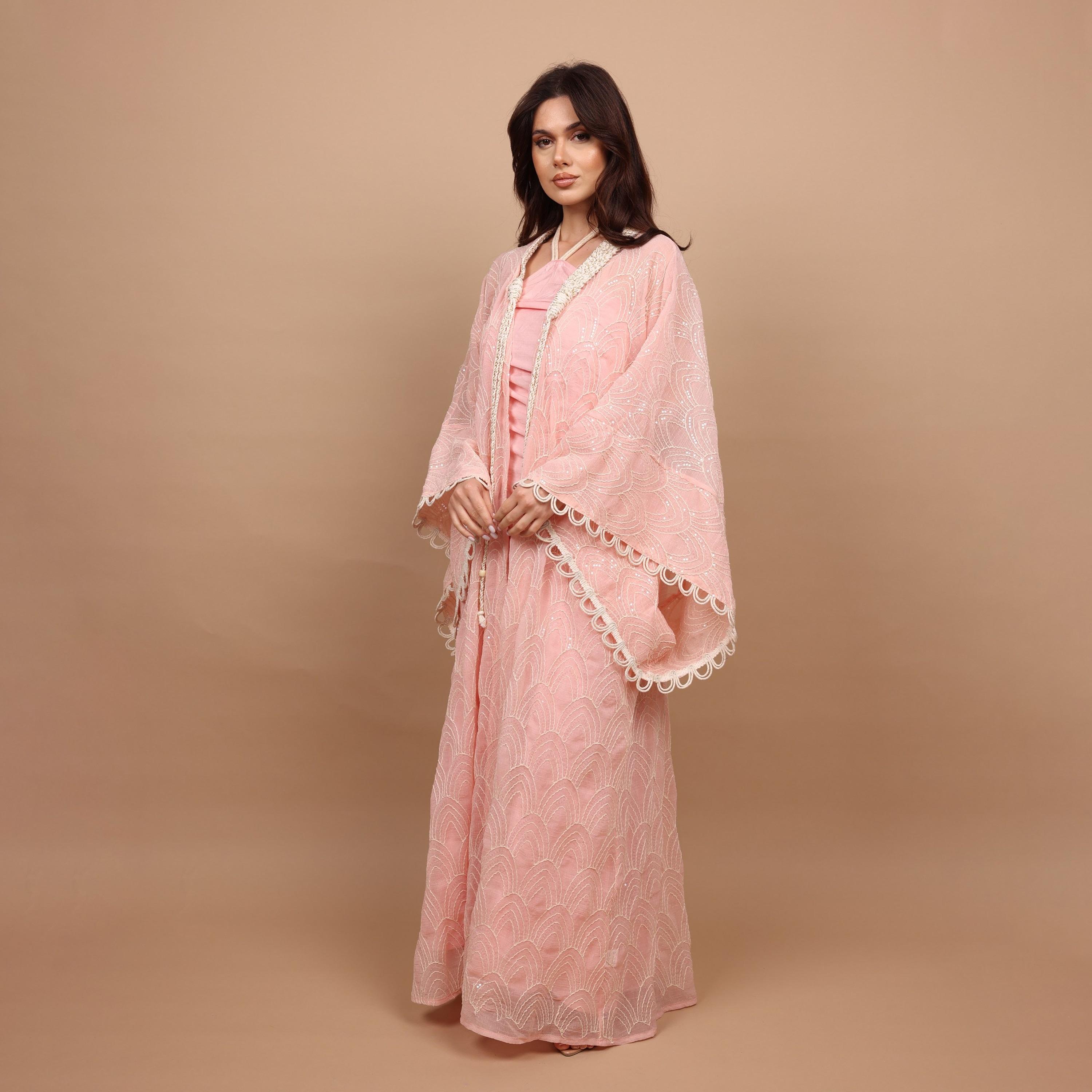 IKKXA Embroidered & Sequined Halter Neck Kimono Sleeves Women's Evening Kaftan Style Jalabiya with Inner Dress-women-clothing-dresses-image-3