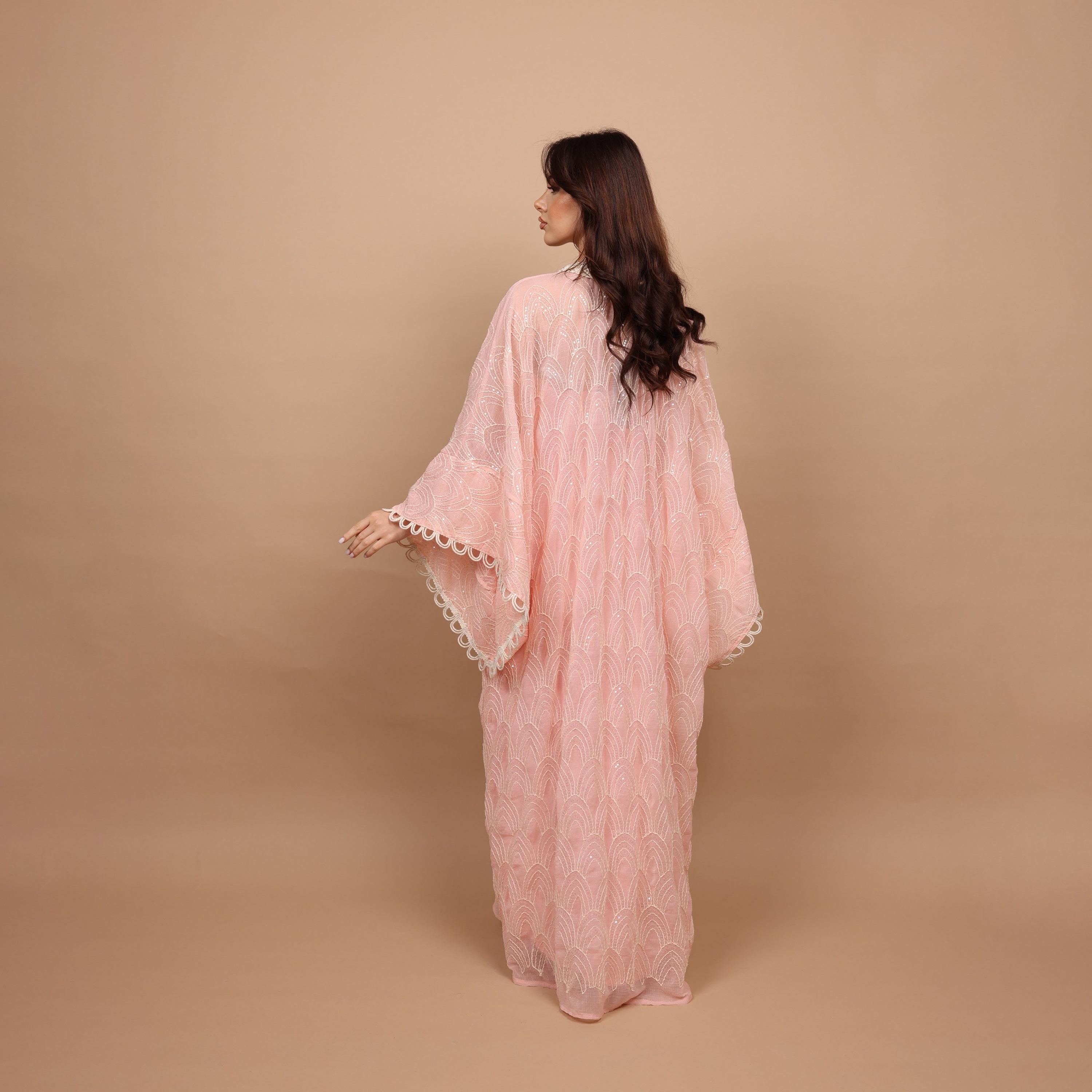 IKKXA Embroidered & Sequined Halter Neck Kimono Sleeves Women's Evening Kaftan Style Jalabiya with Inner Dress-women-clothing-dresses-image-4