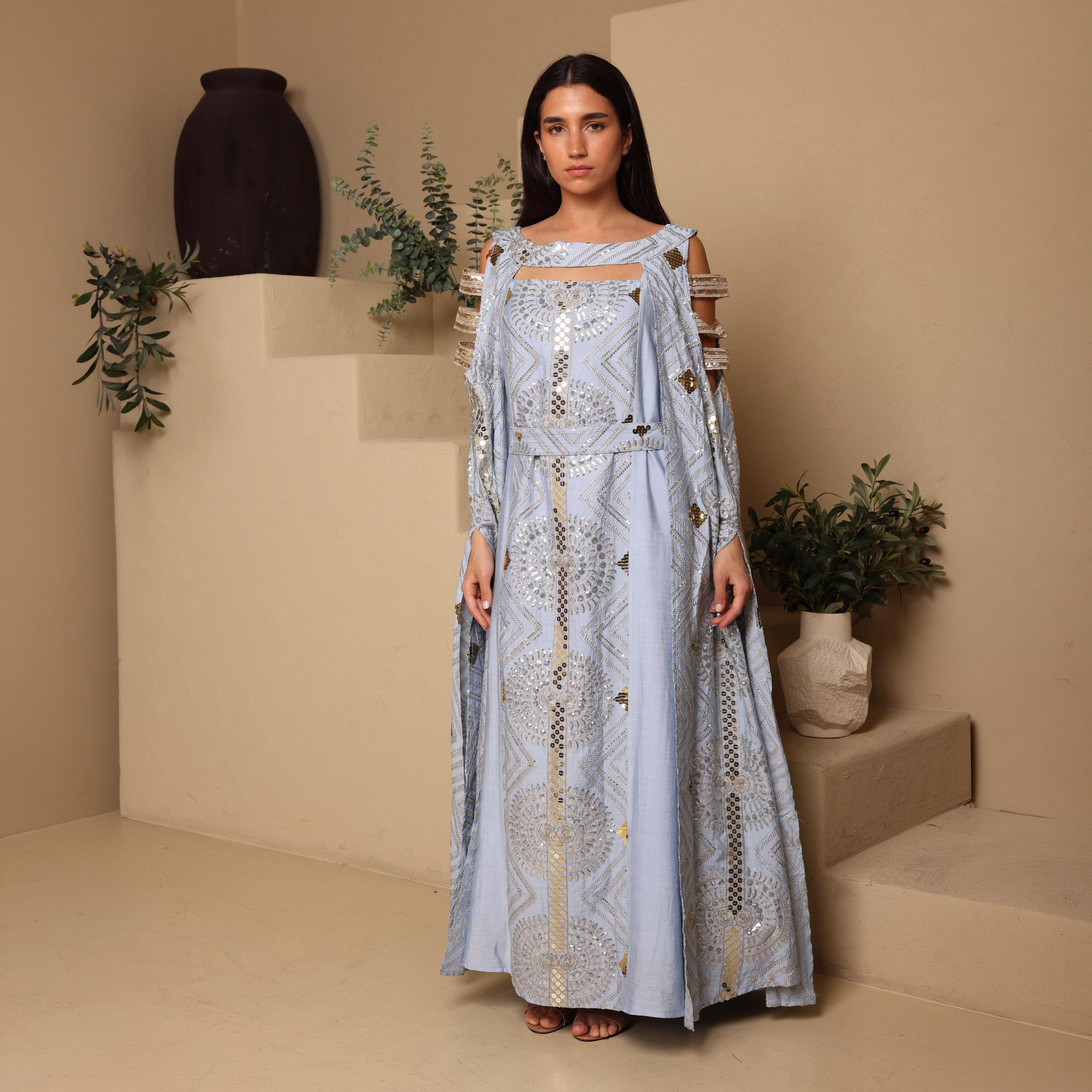 IKKXA Embroidered & Sequined Cold Shoulder Cape Sleeves Women's Evening Jalabiya-women-clothing-dresses-image-1
