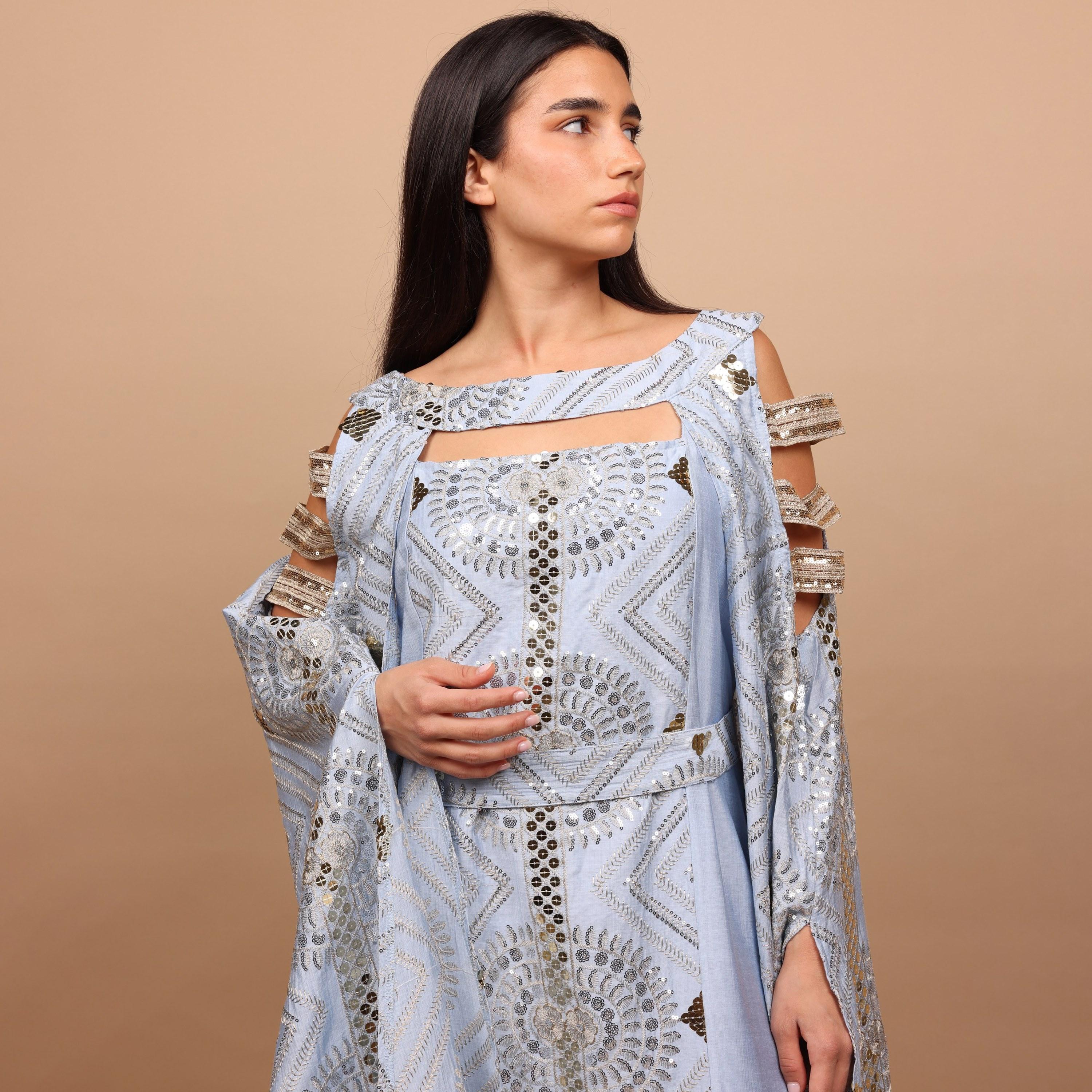 IKKXA Embroidered & Sequined Cold Shoulder Cape Sleeves Women's Evening Jalabiya-women-clothing-dresses-image-2