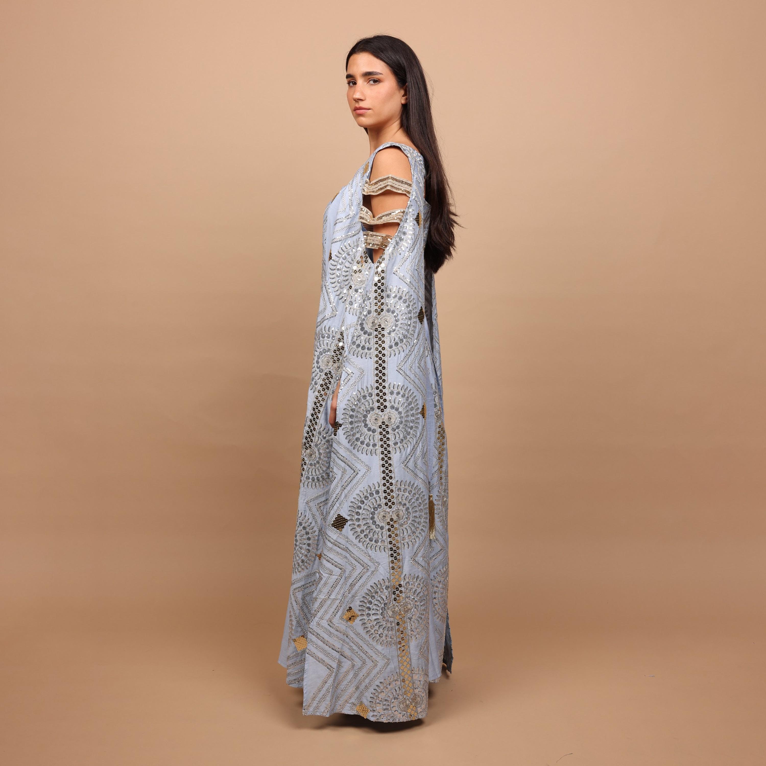 IKKXA Embroidered & Sequined Cold Shoulder Cape Sleeves Women's Evening Jalabiya-women-clothing-dresses-image-3