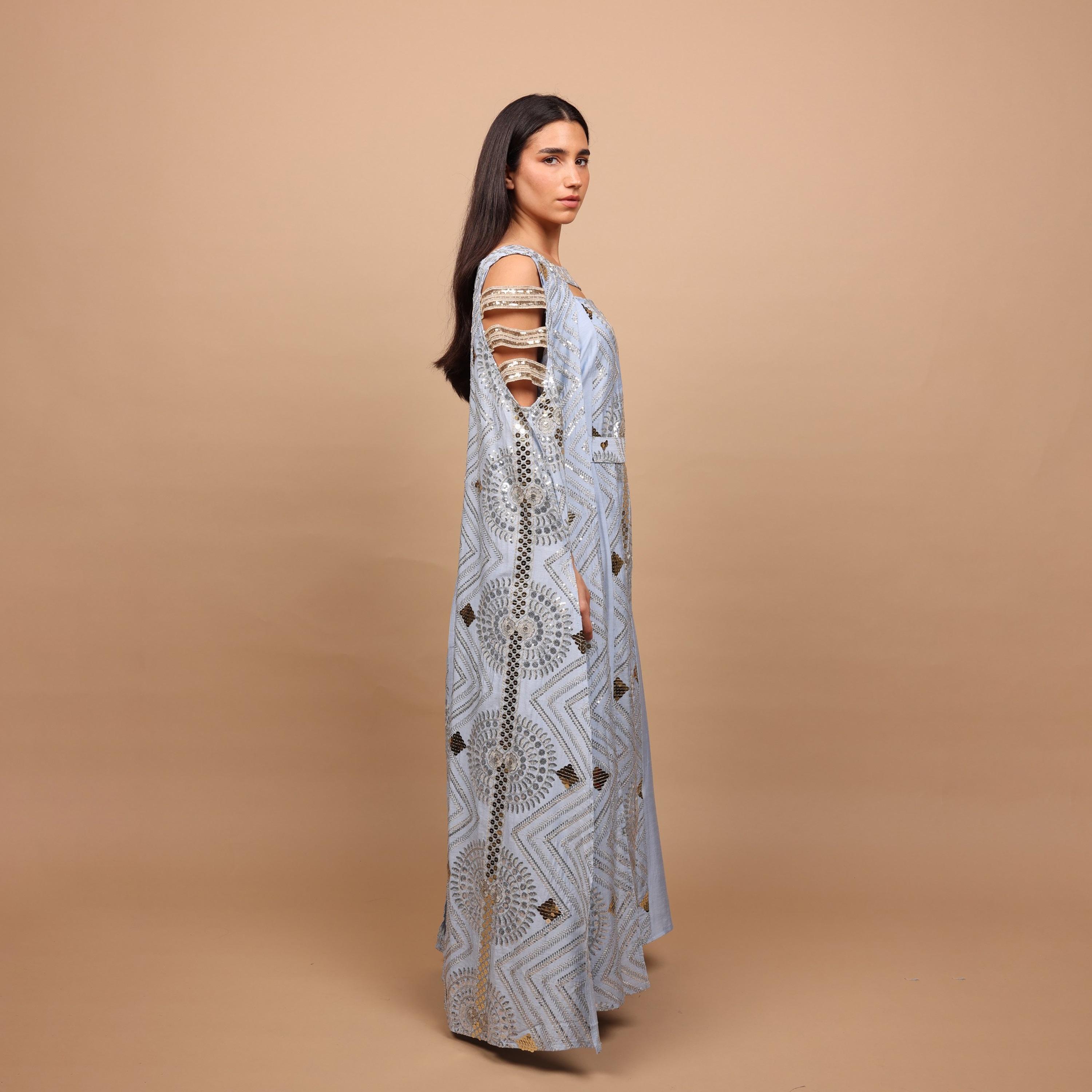 IKKXA Embroidered & Sequined Cold Shoulder Cape Sleeves Women's Evening Jalabiya-women-clothing-dresses-image-4