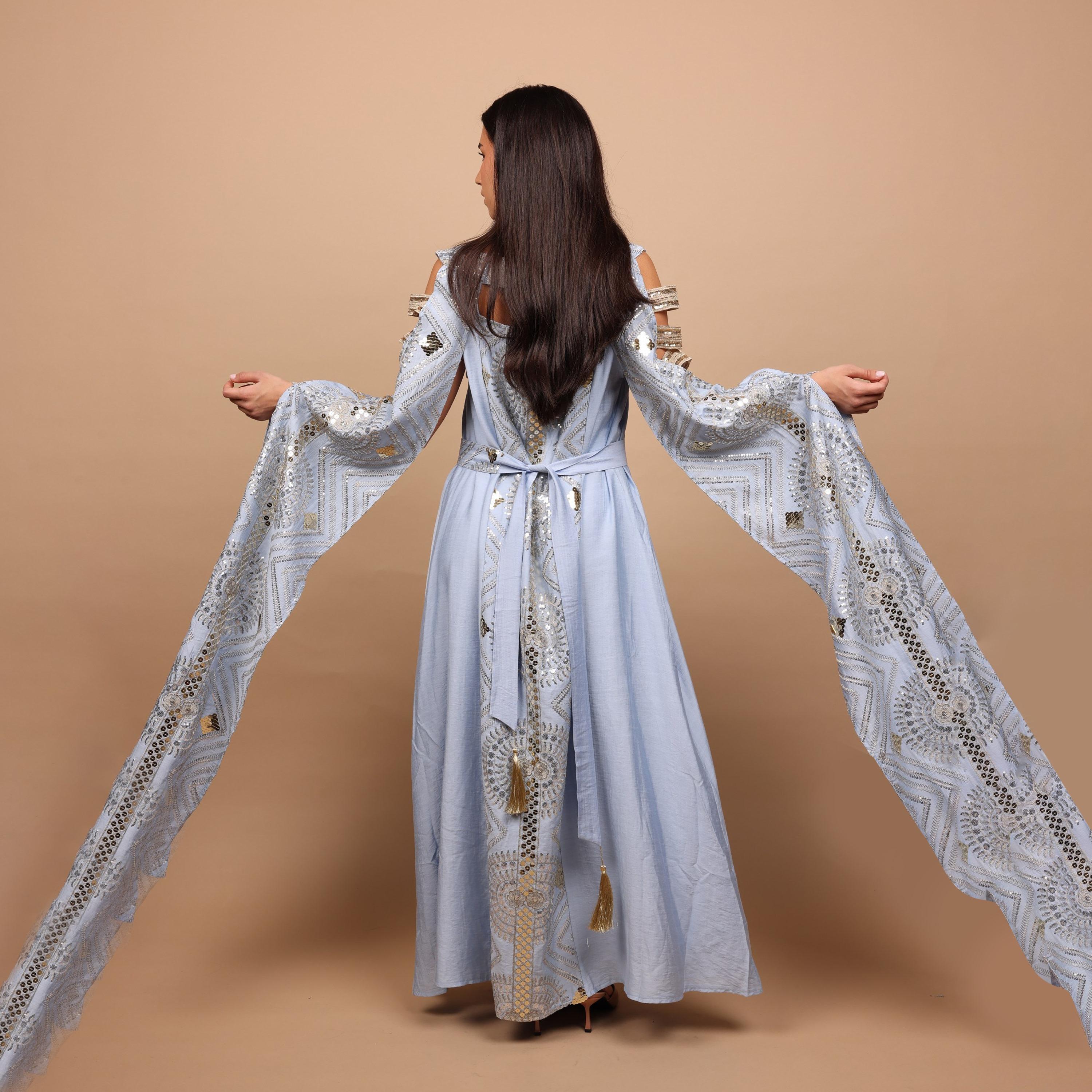 IKKXA Embroidered & Sequined Cold Shoulder Cape Sleeves Women's Evening Jalabiya-women-clothing-dresses-image-5