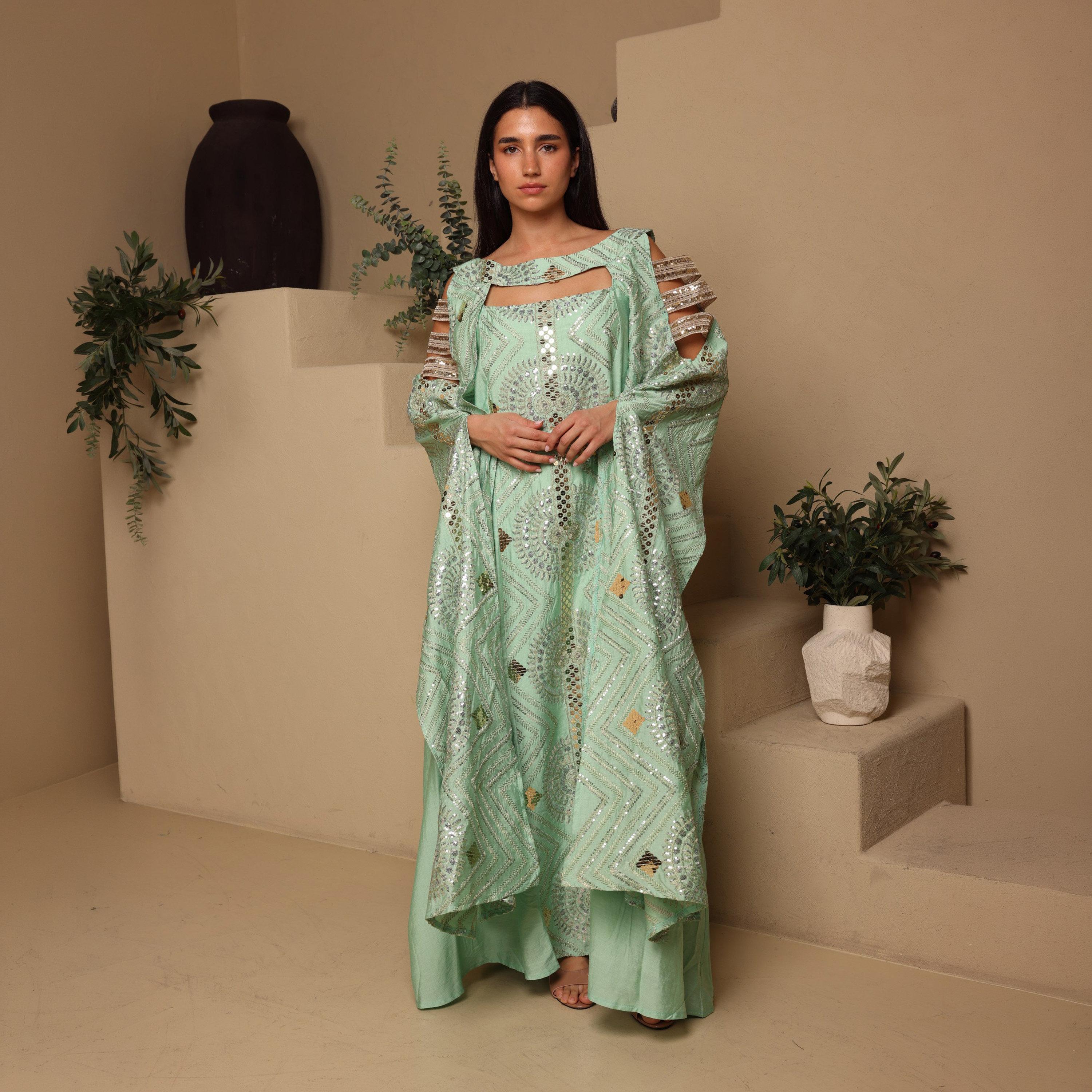 IKKXA Embroidered & Sequined Cold Shoulder Cape Sleeves Women's Evening Jalabiya-women-clothing-dresses-image-1