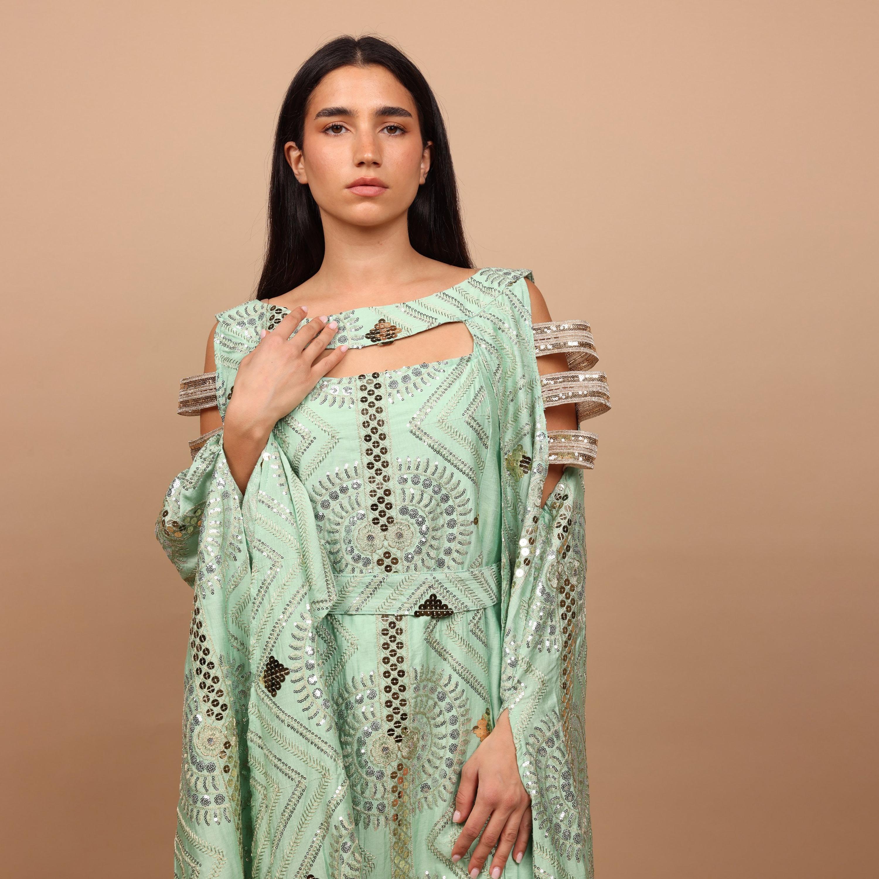 IKKXA Embroidered & Sequined Cold Shoulder Cape Sleeves Women's Evening Jalabiya-women-clothing-dresses-image-2