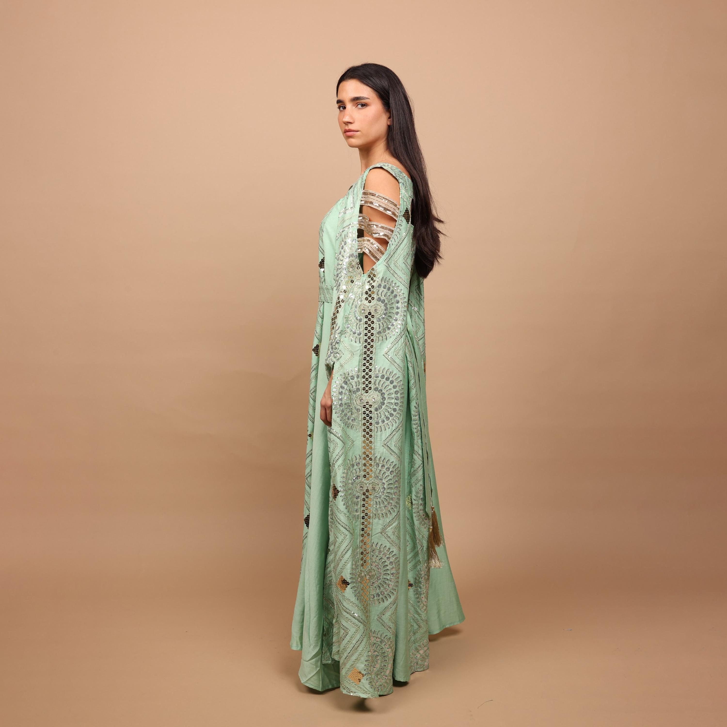 IKKXA Embroidered & Sequined Cold Shoulder Cape Sleeves Women's Evening Jalabiya-women-clothing-dresses-image-3