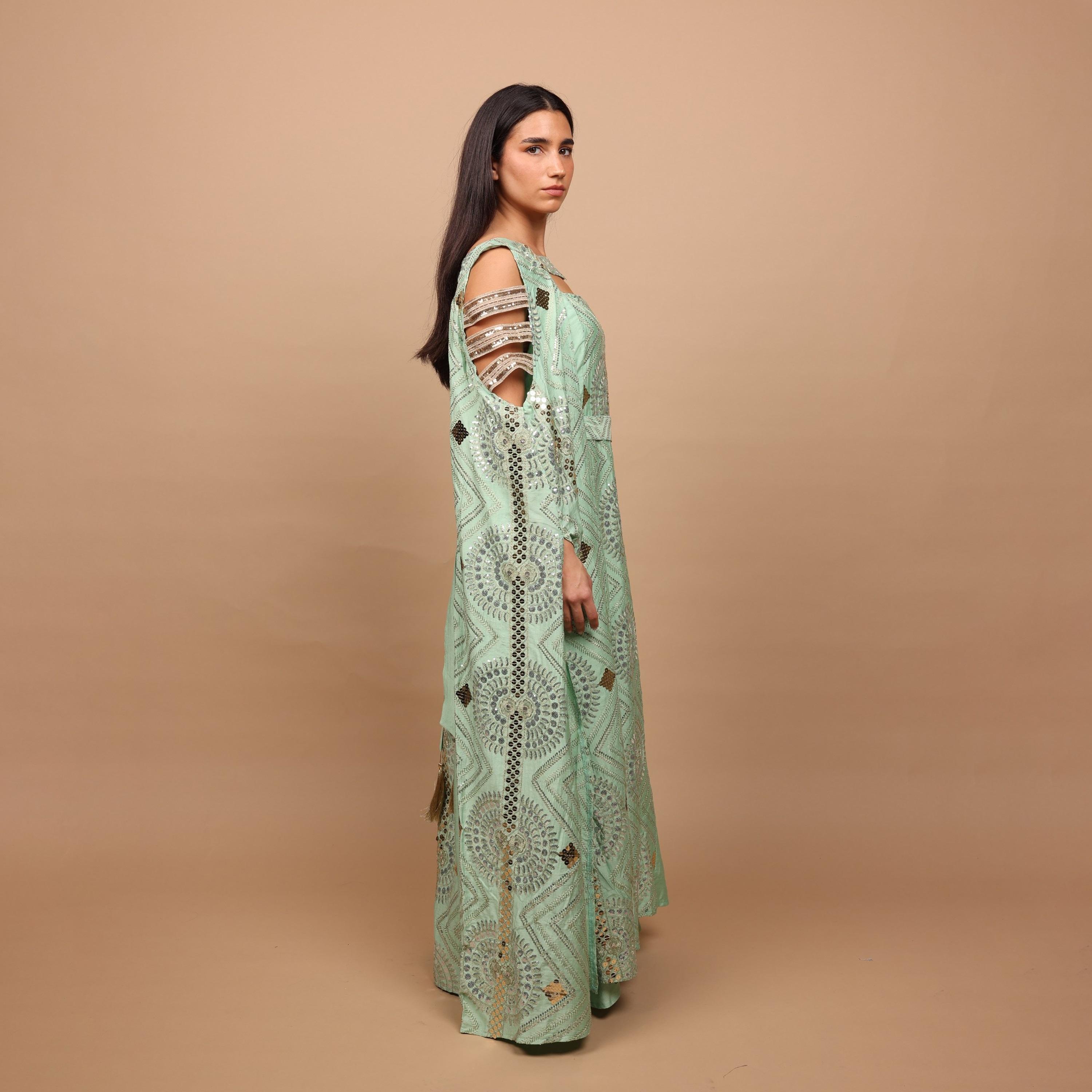 IKKXA Embroidered & Sequined Cold Shoulder Cape Sleeves Women's Evening Jalabiya-women-clothing-dresses-image-4