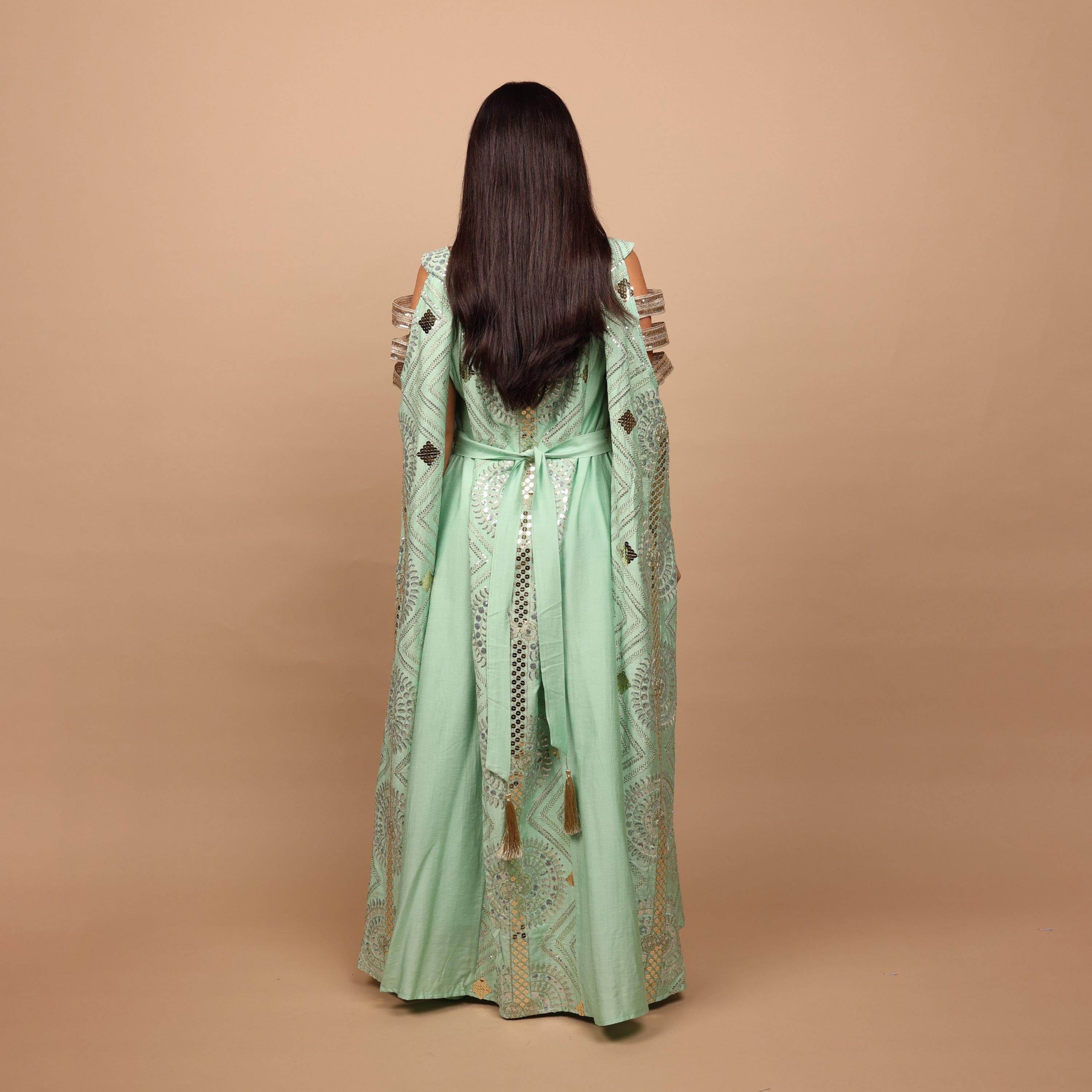 IKKXA Embroidered & Sequined Cold Shoulder Cape Sleeves Women's Evening Jalabiya-women-clothing-dresses-image-5