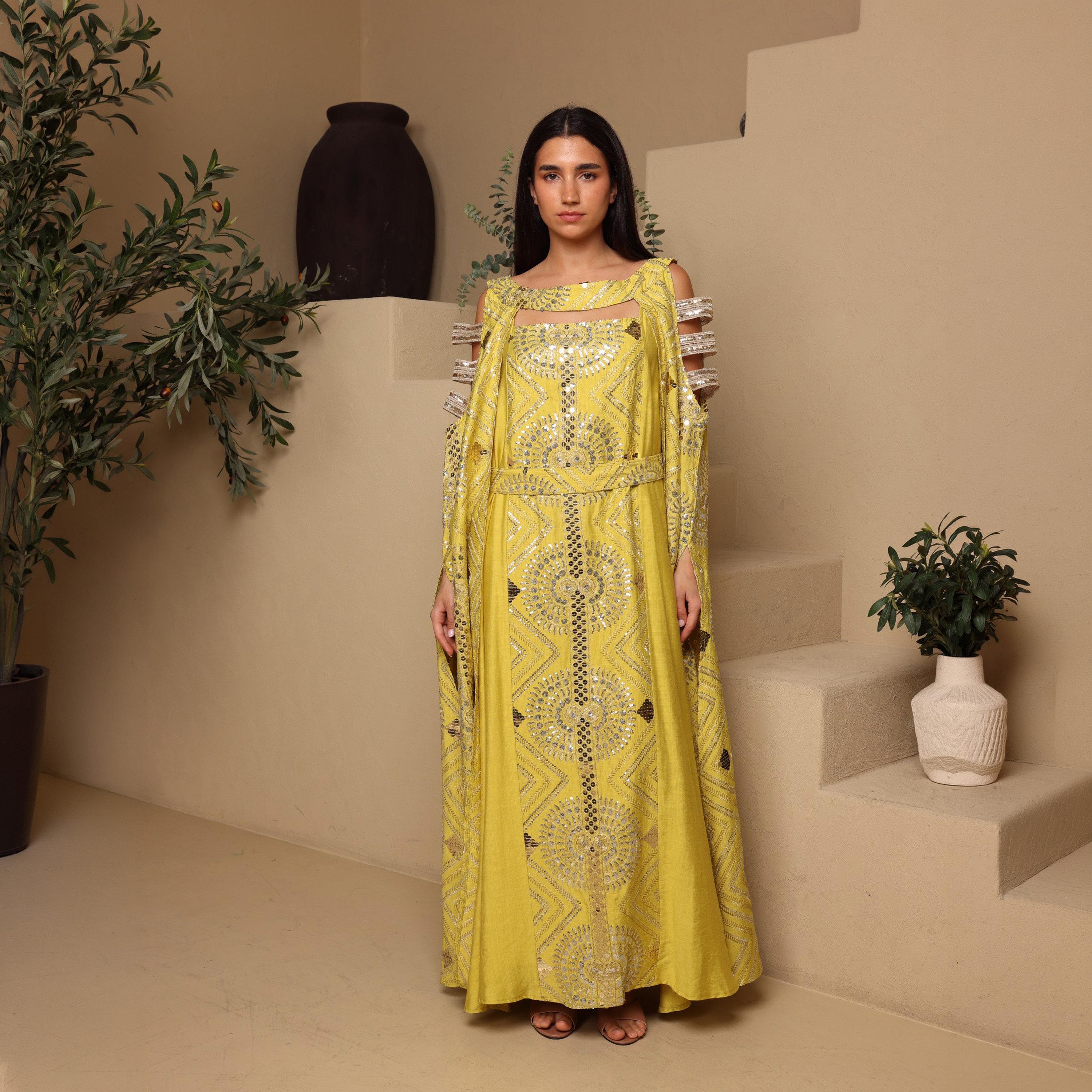 IKKXA Embroidered & Sequined Cold Shoulder Cape Sleeves Women's Evening Jalabiya-women-clothing-dresses-image-1