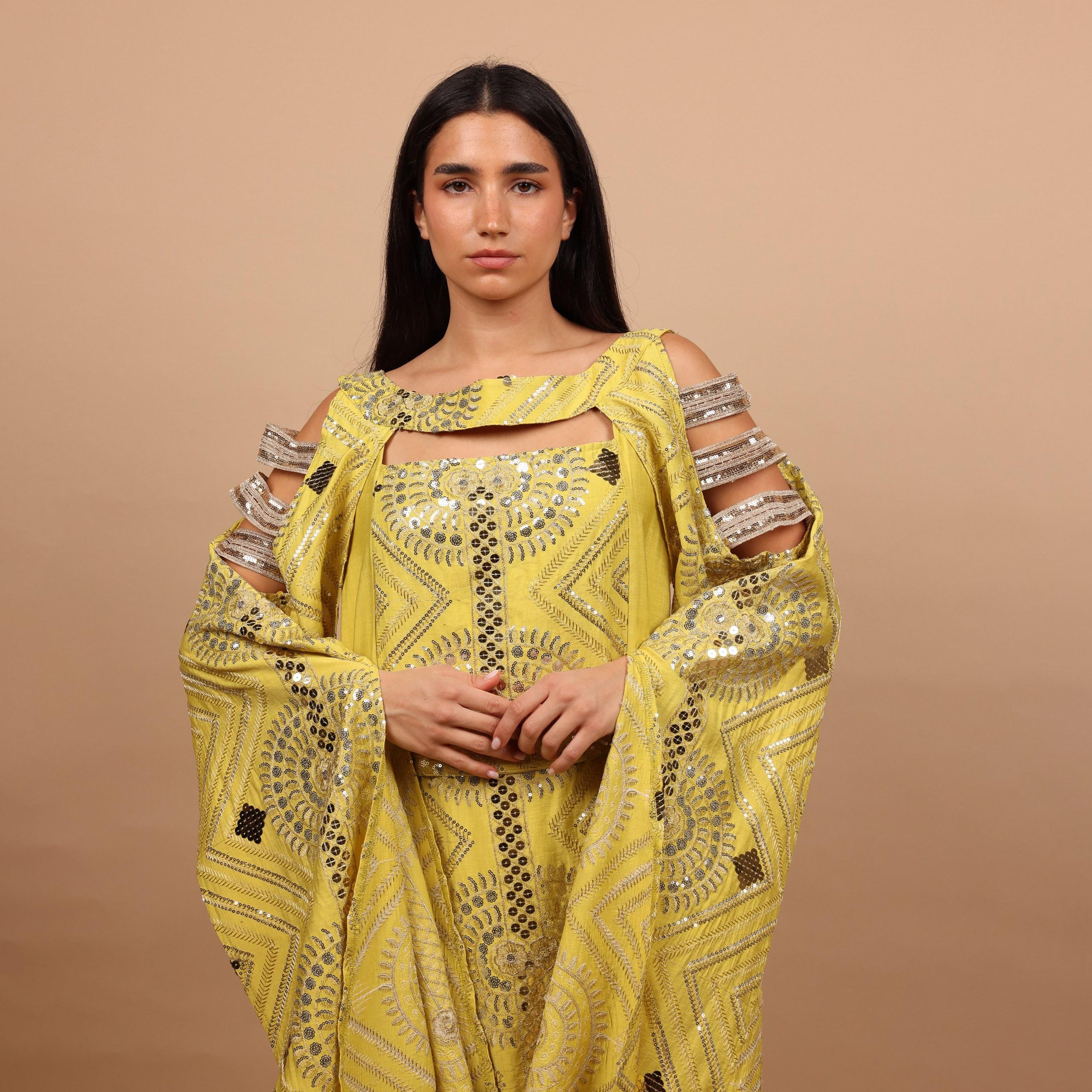 IKKXA Embroidered & Sequined Cold Shoulder Cape Sleeves Women's Evening Jalabiya-women-clothing-dresses-image-2