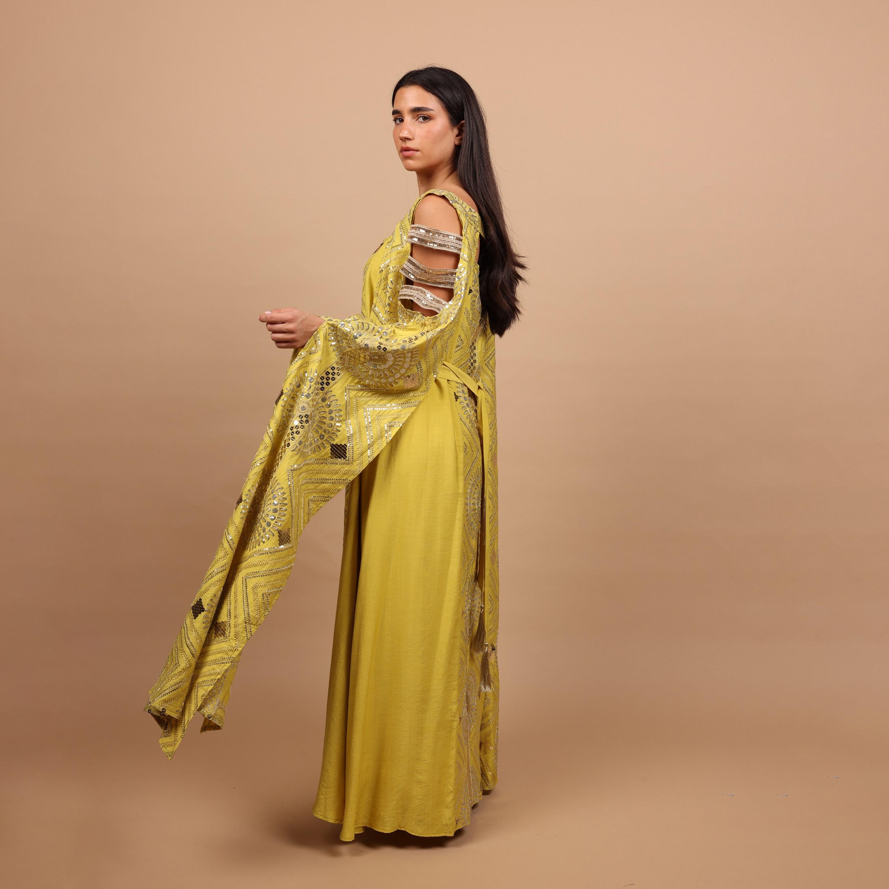 IKKXA Embroidered & Sequined Cold Shoulder Cape Sleeves Women's Evening Jalabiya-women-clothing-dresses-image-3