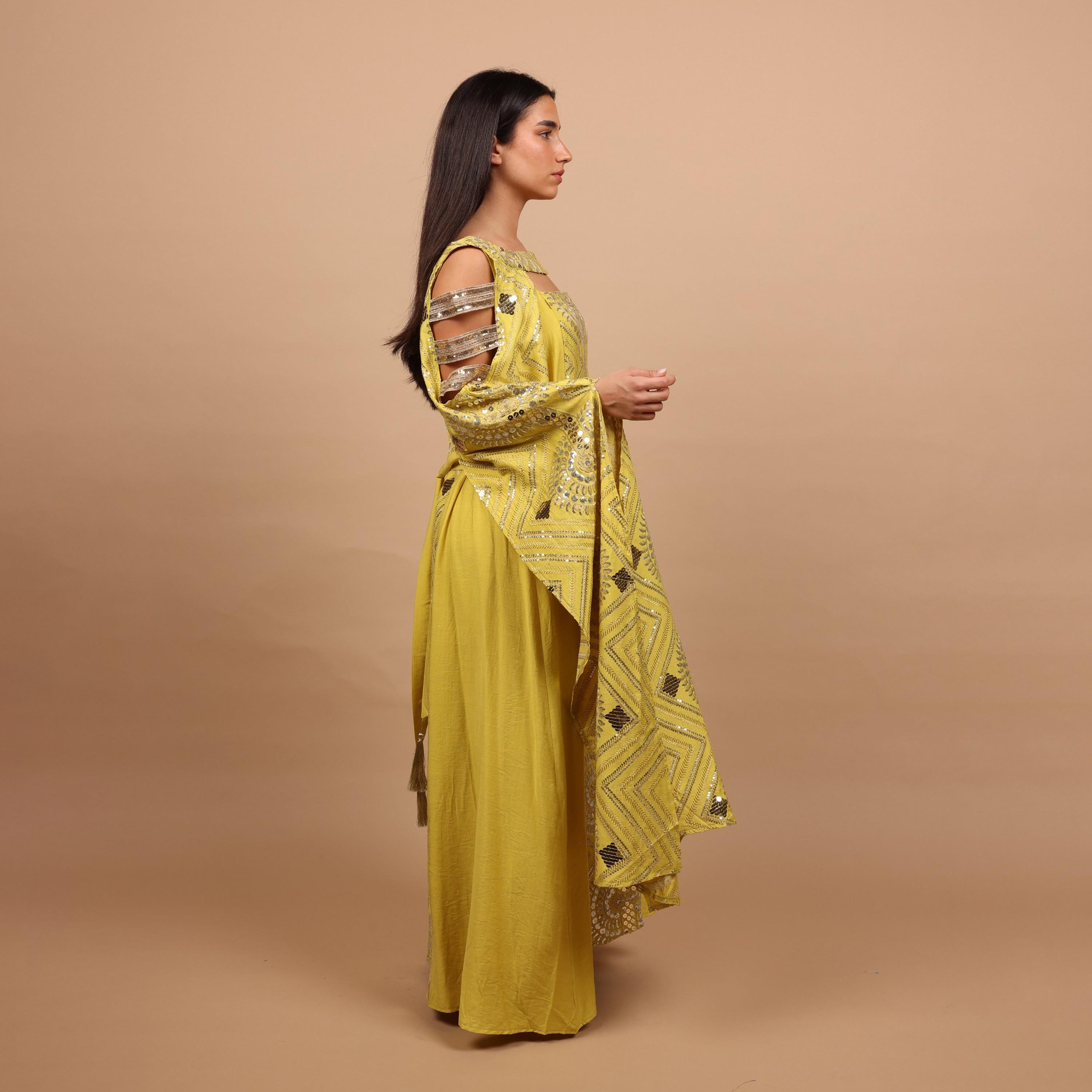 IKKXA Embroidered & Sequined Cold Shoulder Cape Sleeves Women's Evening Jalabiya-women-clothing-dresses-image-4