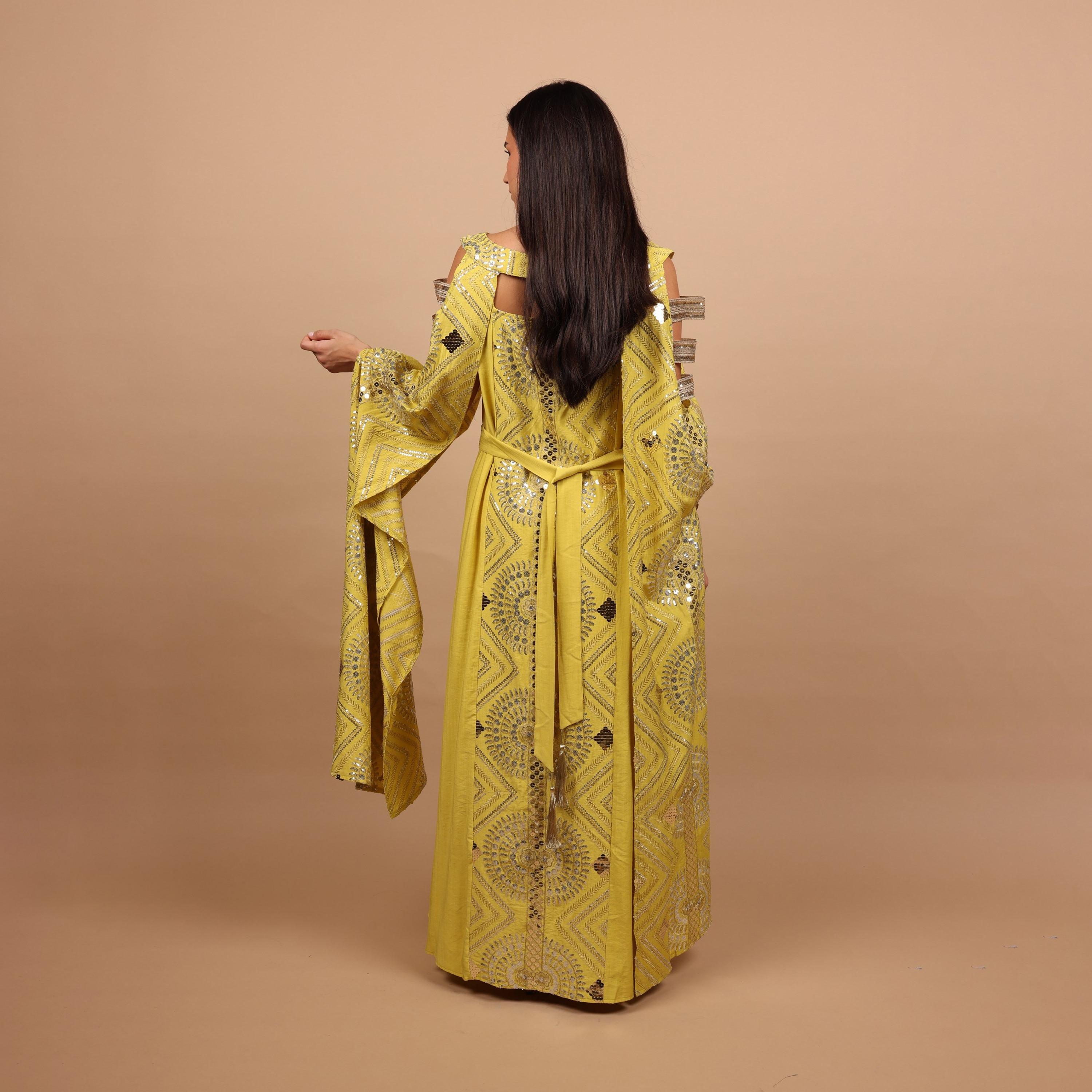 IKKXA Embroidered & Sequined Cold Shoulder Cape Sleeves Women's Evening Jalabiya-women-clothing-dresses-image-5