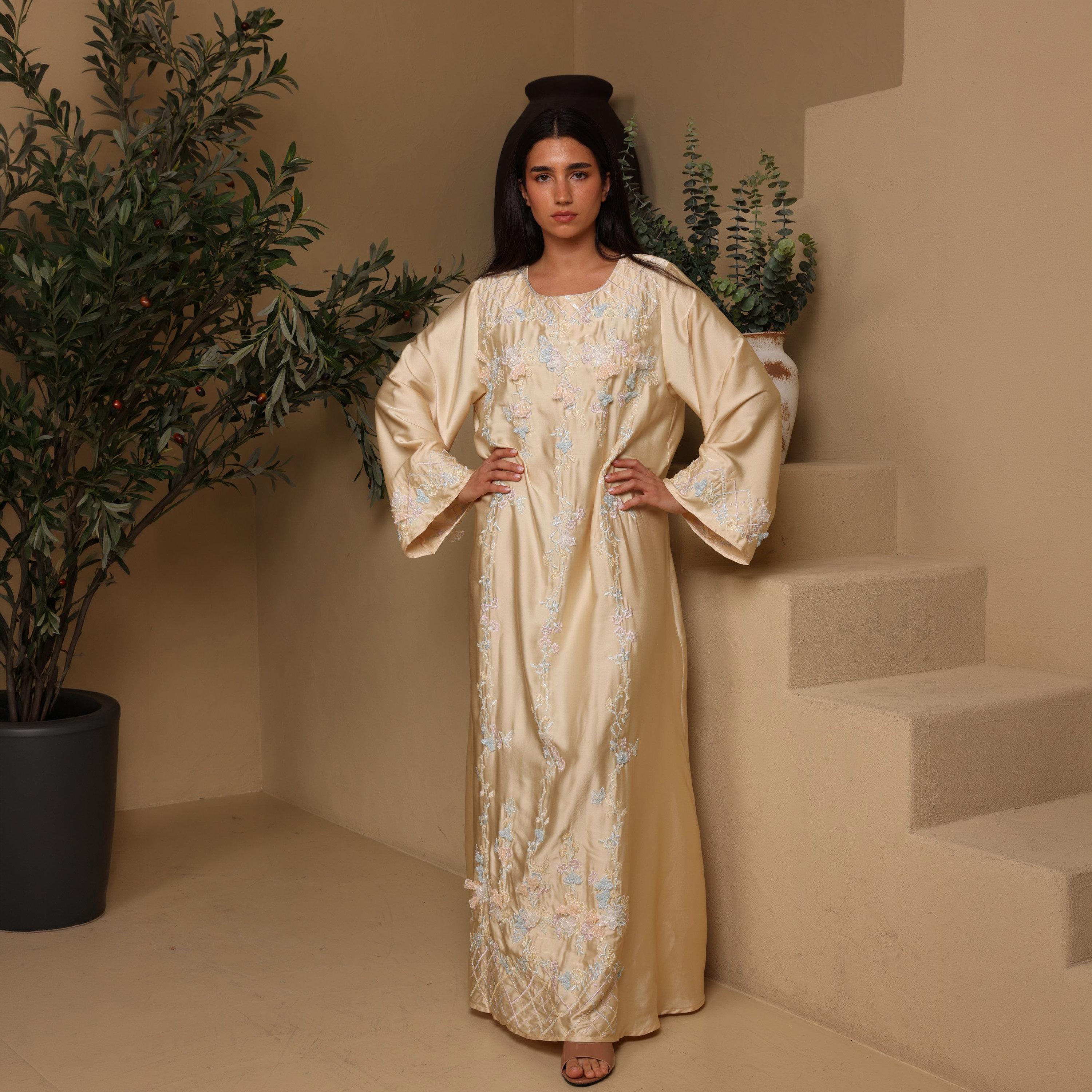 IKKXA Floral Embroidered Flared Sleeves Women's Evening Jalabiya-women-arabicclothing-jalabiyas-image-1