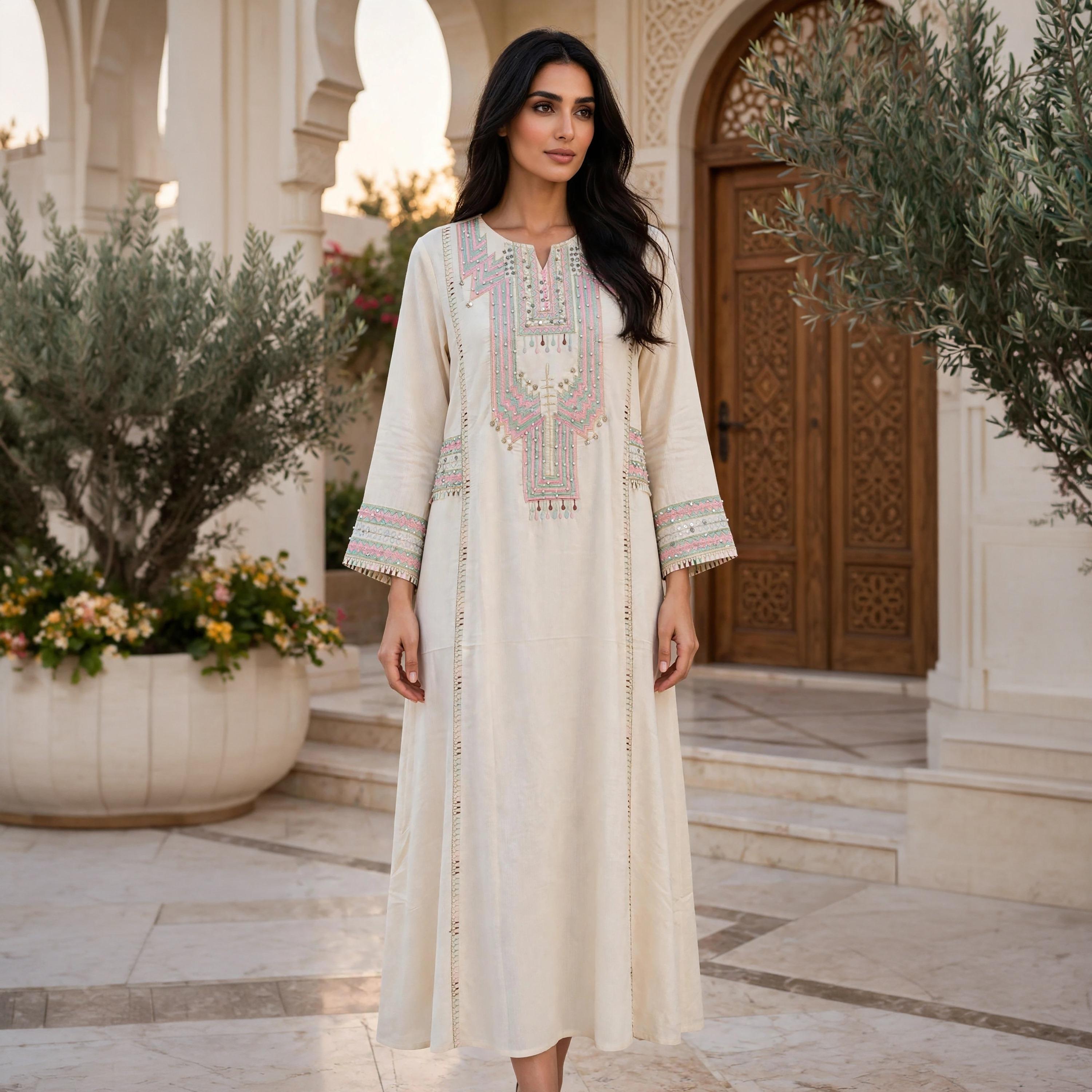 جلابية حريمي مكسي بياقة مفتوحة مع تطريز على الصدر من إككسا-women-arabicclothing-jalabiyas-image-1