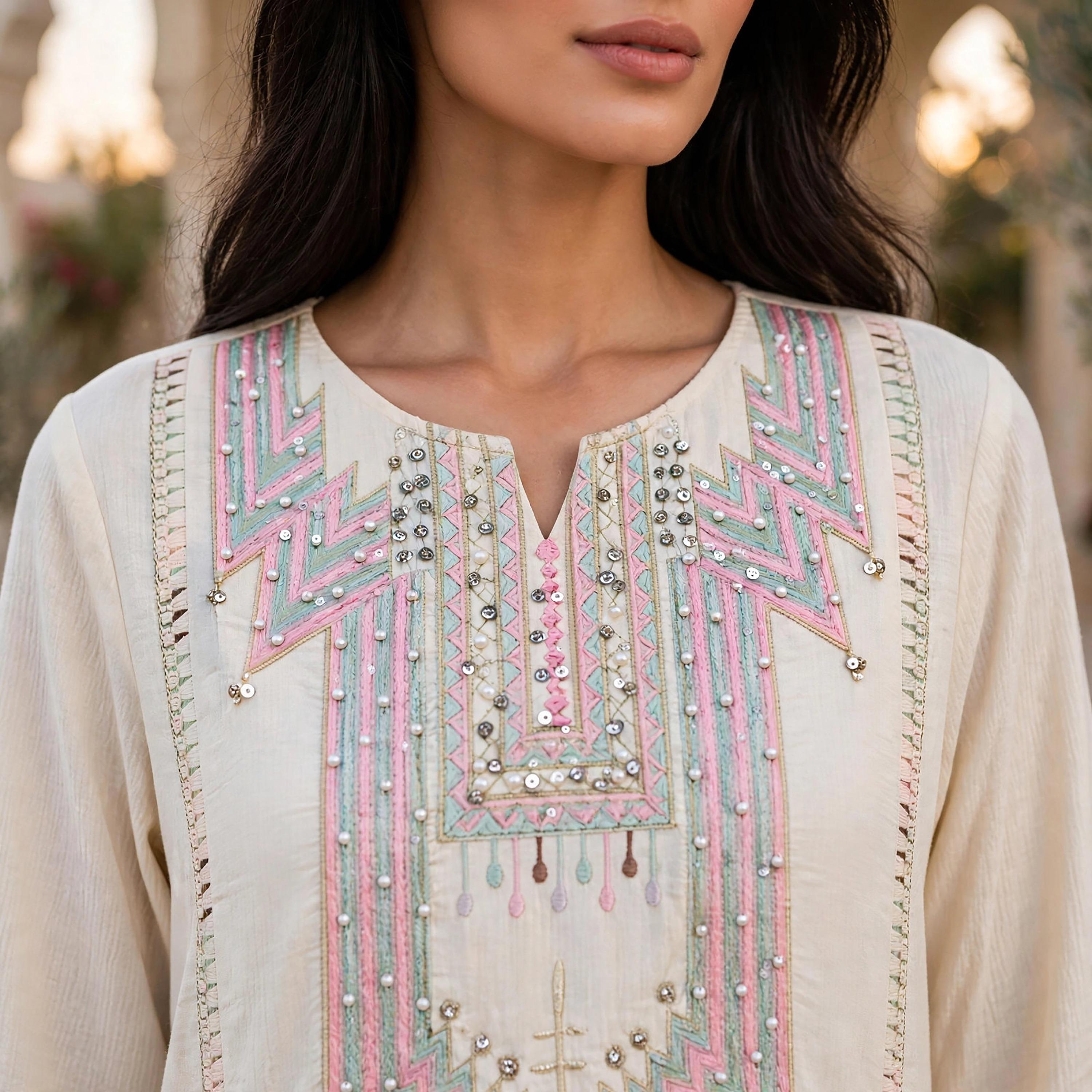 جلابية حريمي مكسي بياقة مفتوحة مع تطريز على الصدر من إككسا-women-arabicclothing-jalabiyas-image-2