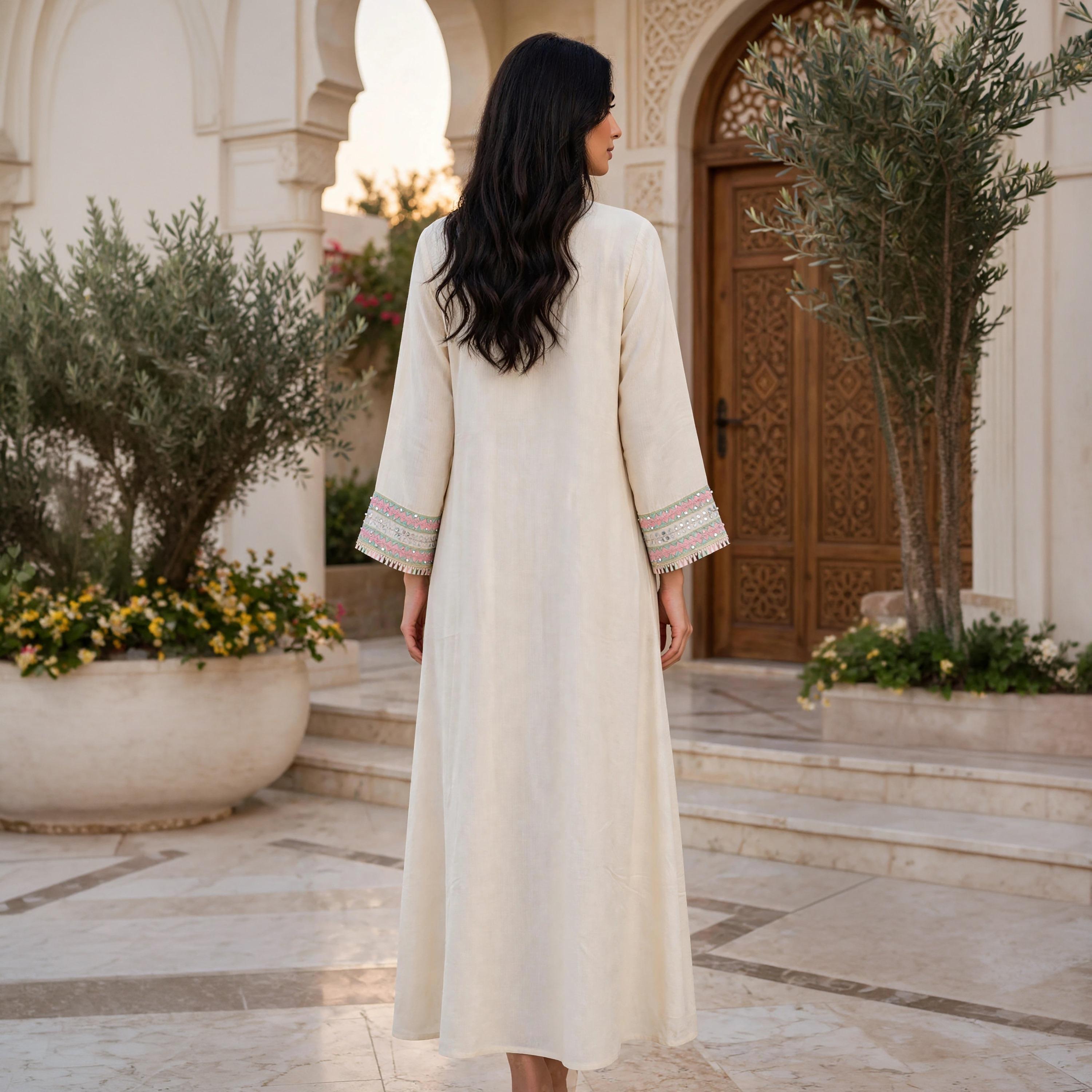 جلابية حريمي مكسي بياقة مفتوحة مع تطريز على الصدر من إككسا-women-arabicclothing-jalabiyas-image-3
