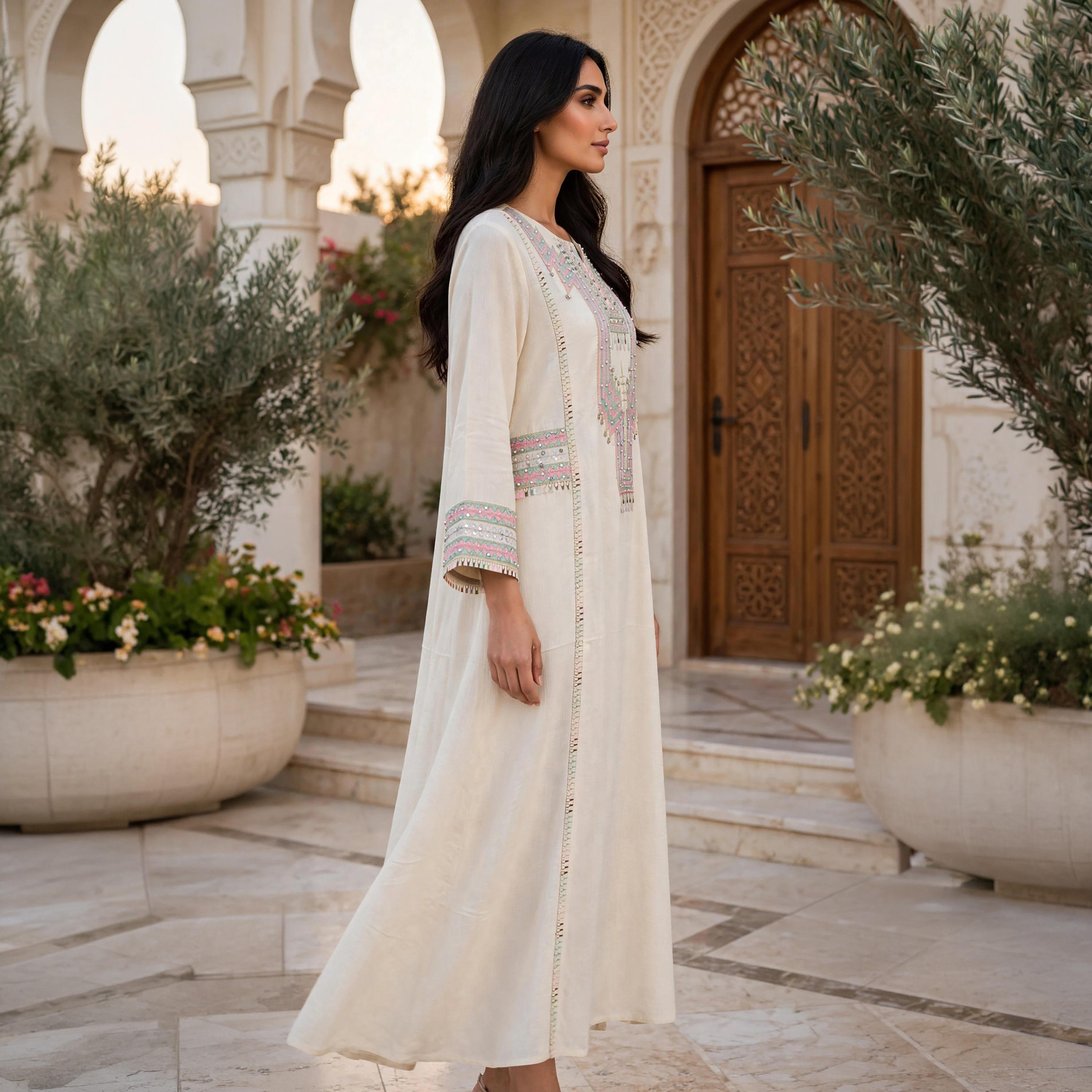 جلابية حريمي مكسي بياقة مفتوحة مع تطريز على الصدر من إككسا-women-arabicclothing-jalabiyas-image-4