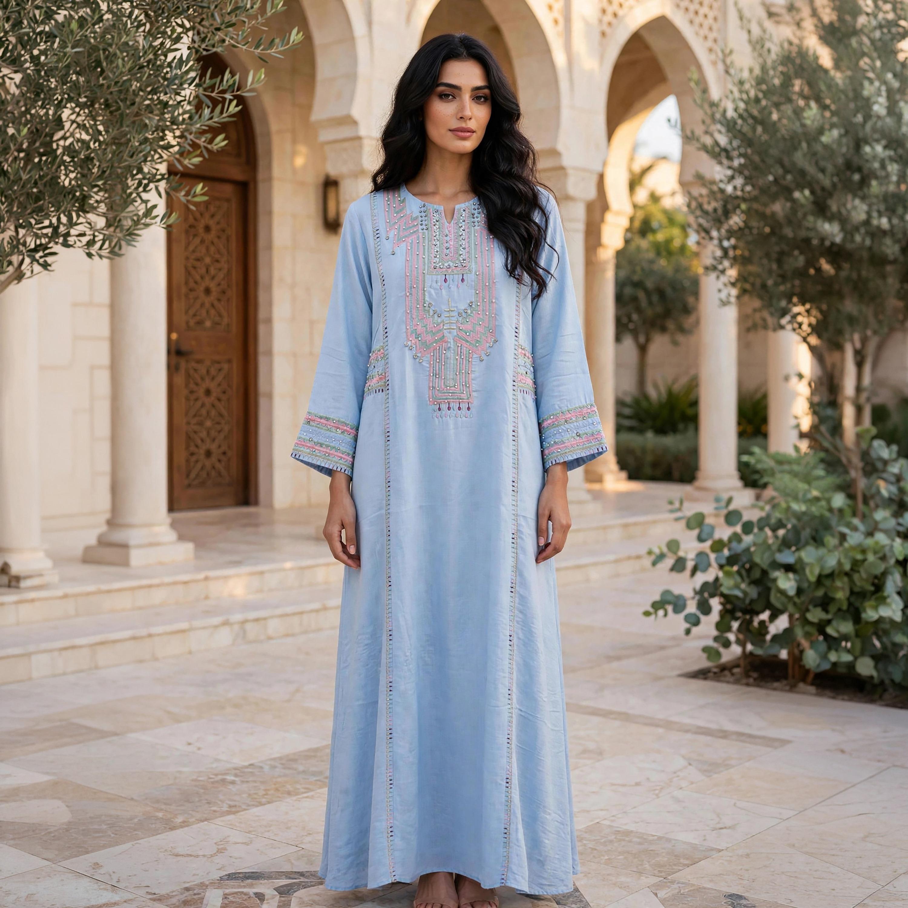 جلابية حريمي مكسي بياقة مفتوحة مع تطريز على الصدر من إككسا-women-arabicclothing-jalabiyas-image-5