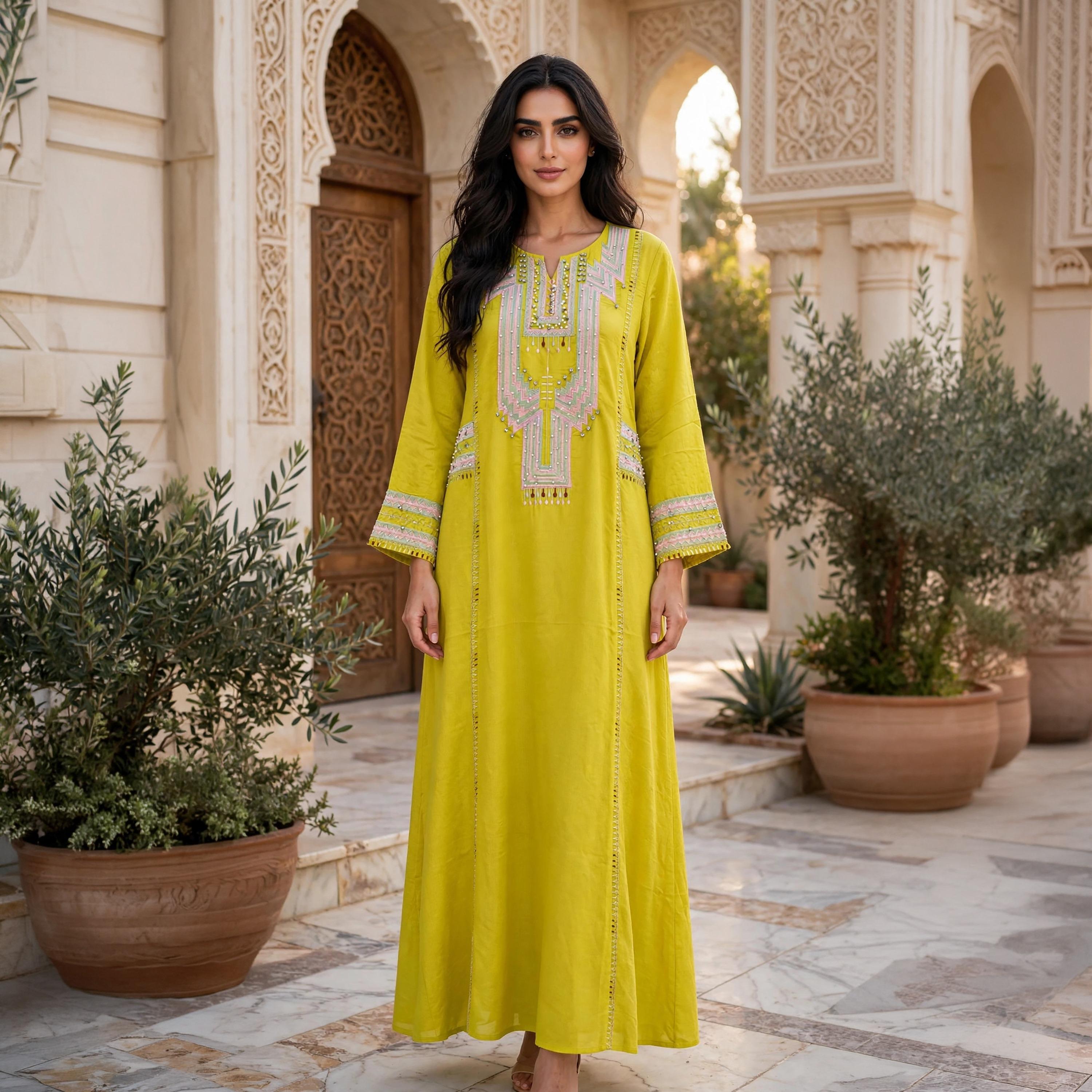 IKKXA Embroidered Yoke Notch Neck Women's Maxi Jalabiya-women-arabicclothing-jalabiyas-image-1