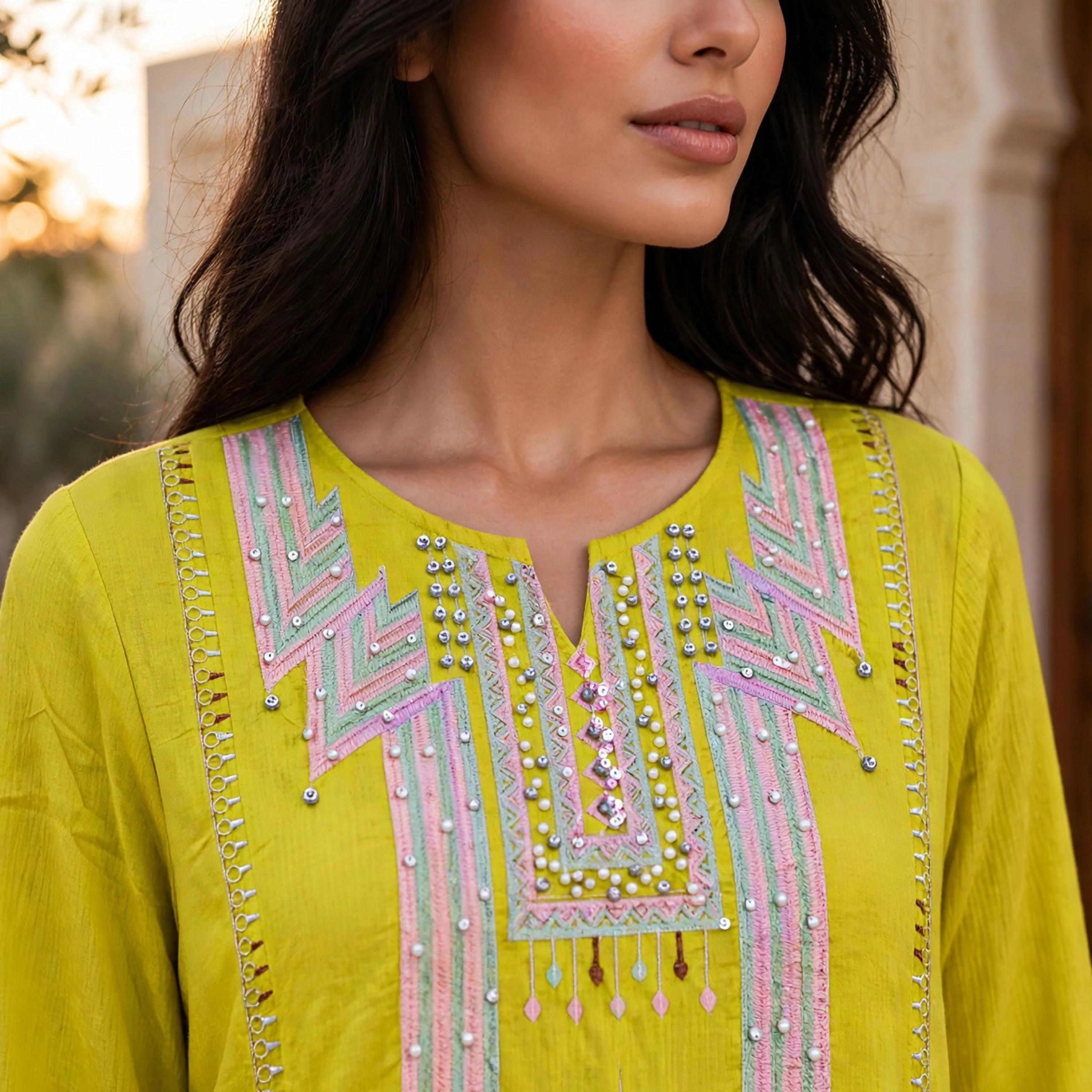 IKKXA Embroidered Yoke Notch Neck Women's Maxi Jalabiya-women-arabicclothing-jalabiyas-image-2