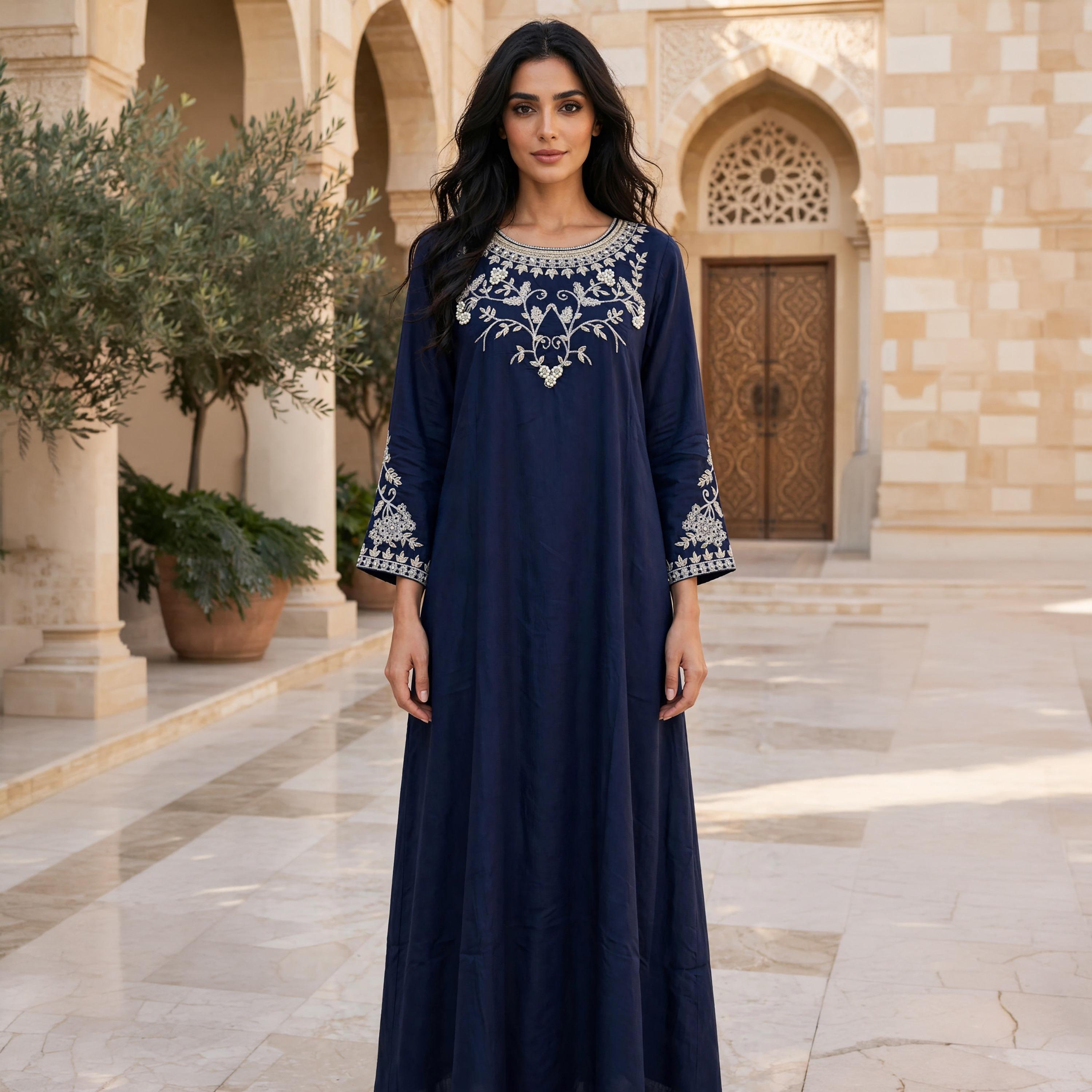IKKXA Vine Embroidered Yoke Women's Flared Jalabiya-women-arabicclothing-jalabiyas-image-1