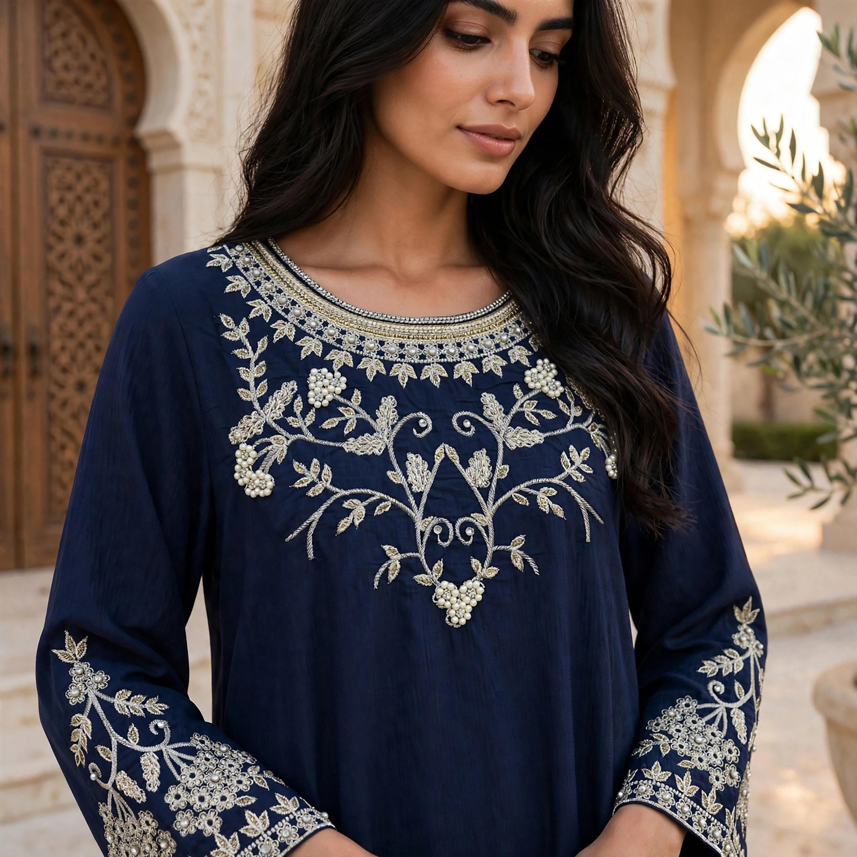 IKKXA Vine Embroidered Yoke Women's Flared Jalabiya-women-arabicclothing-jalabiyas-image-2