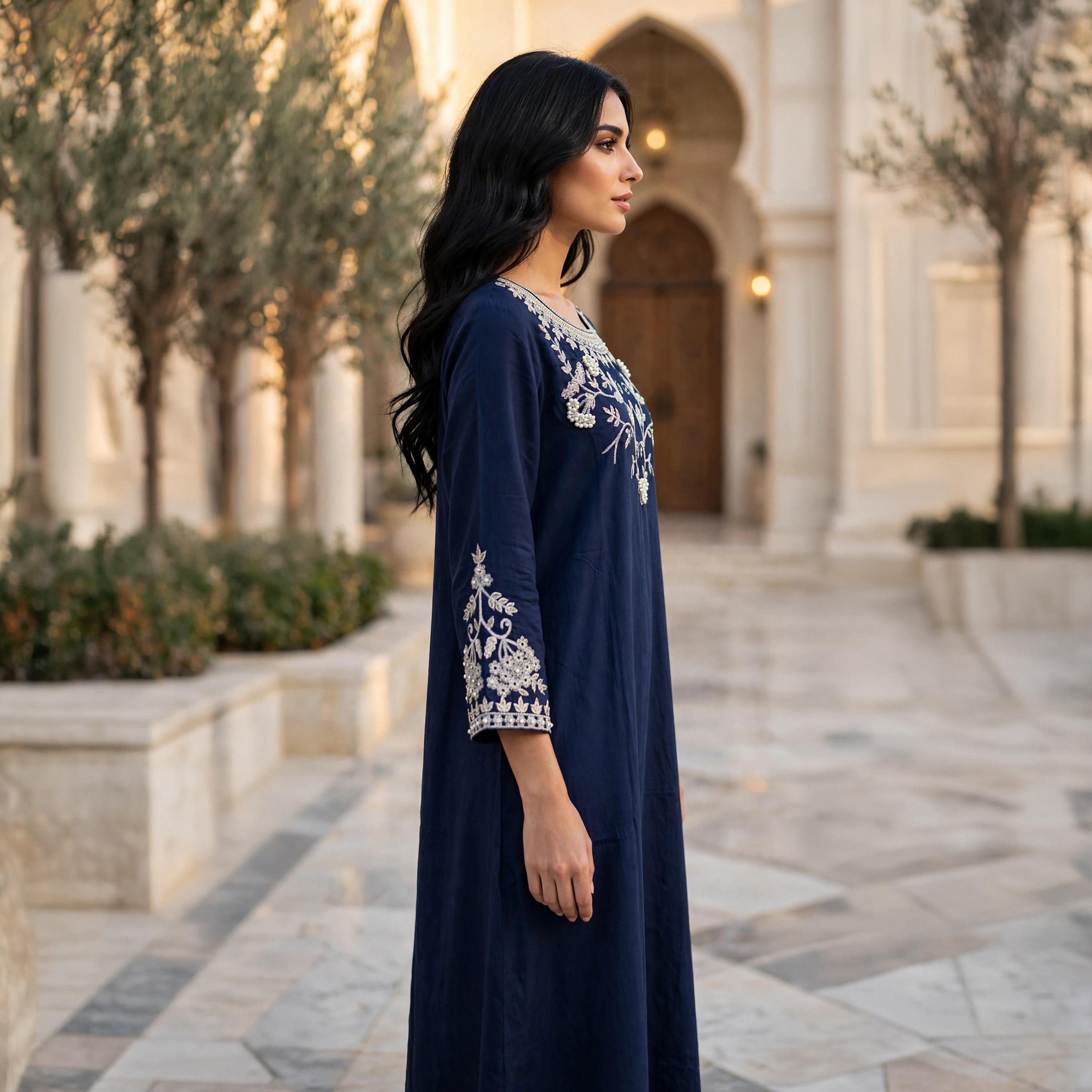 IKKXA Vine Embroidered Yoke Women's Flared Jalabiya-women-arabicclothing-jalabiyas-image-3