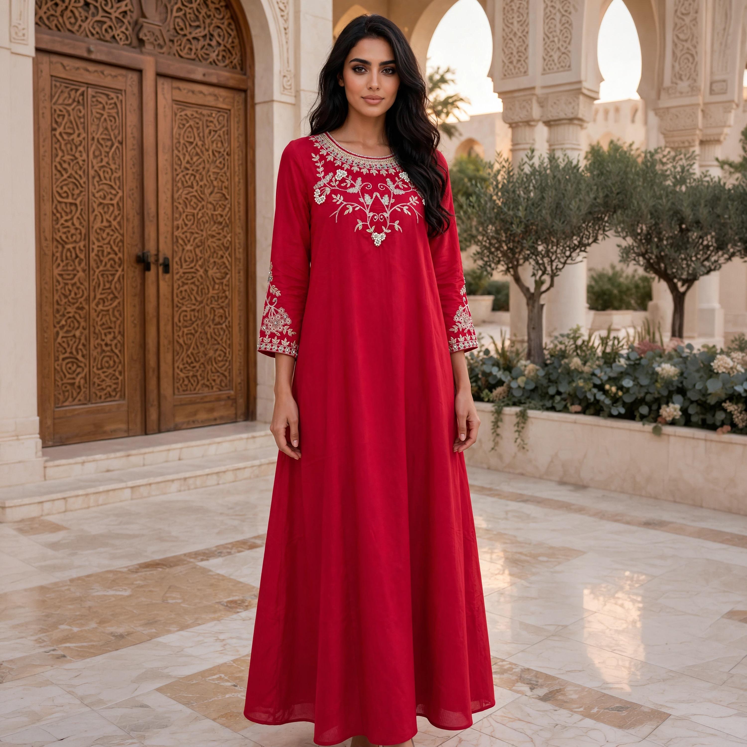 IKKXA Vine Embroidered Yoke Women's Flared Jalabiya-women-arabicclothing-jalabiyas-image-1