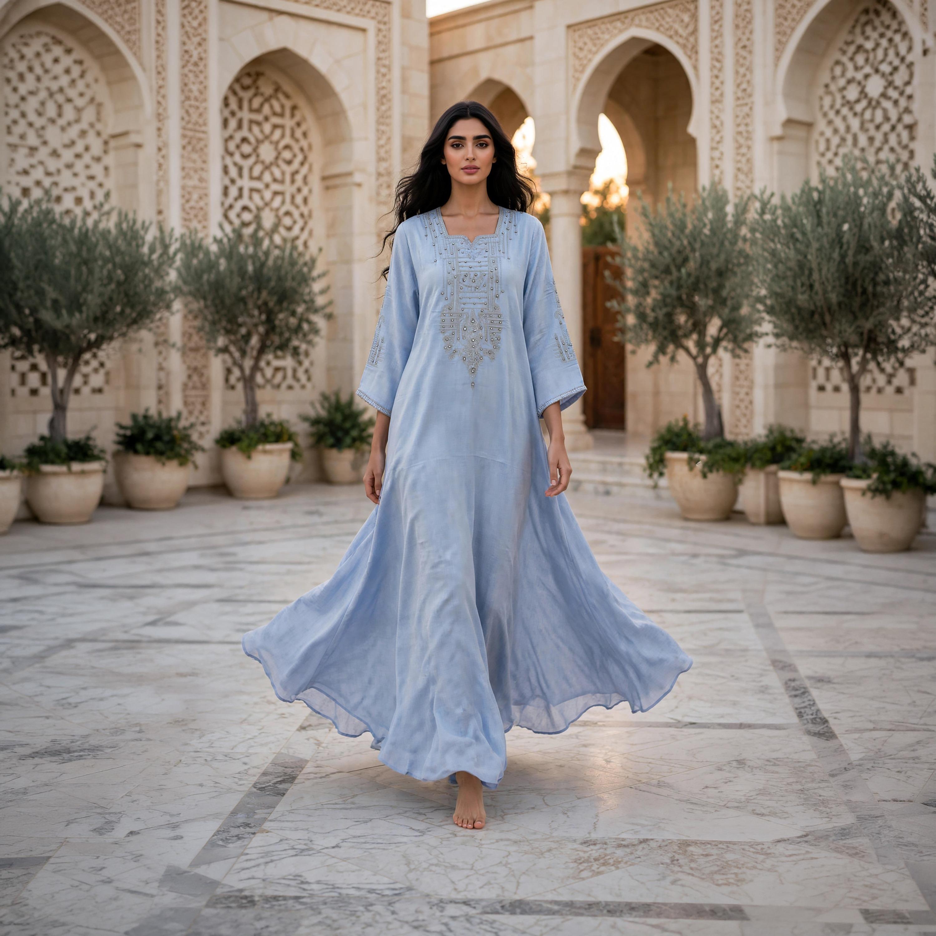IKKXA Embroidered Yoke Square Neck Women's Flowing Jalabiya-women-arabicclothing-jalabiyas-image-1
