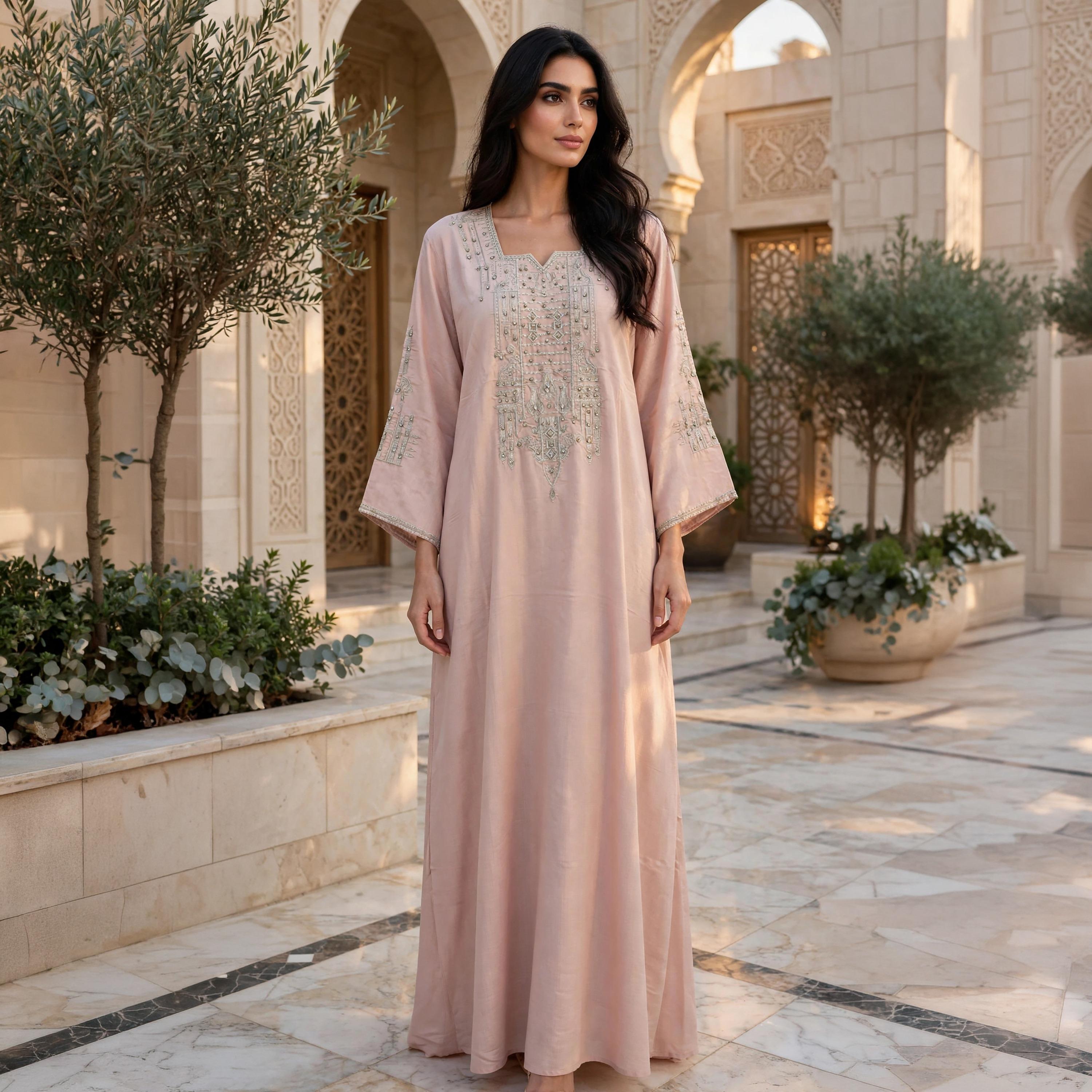 جلابية حريمي انسيابية بياقة مربعة مع تطريز على الصدر من إككسا-women-arabicclothing-jalabiyas-image-5