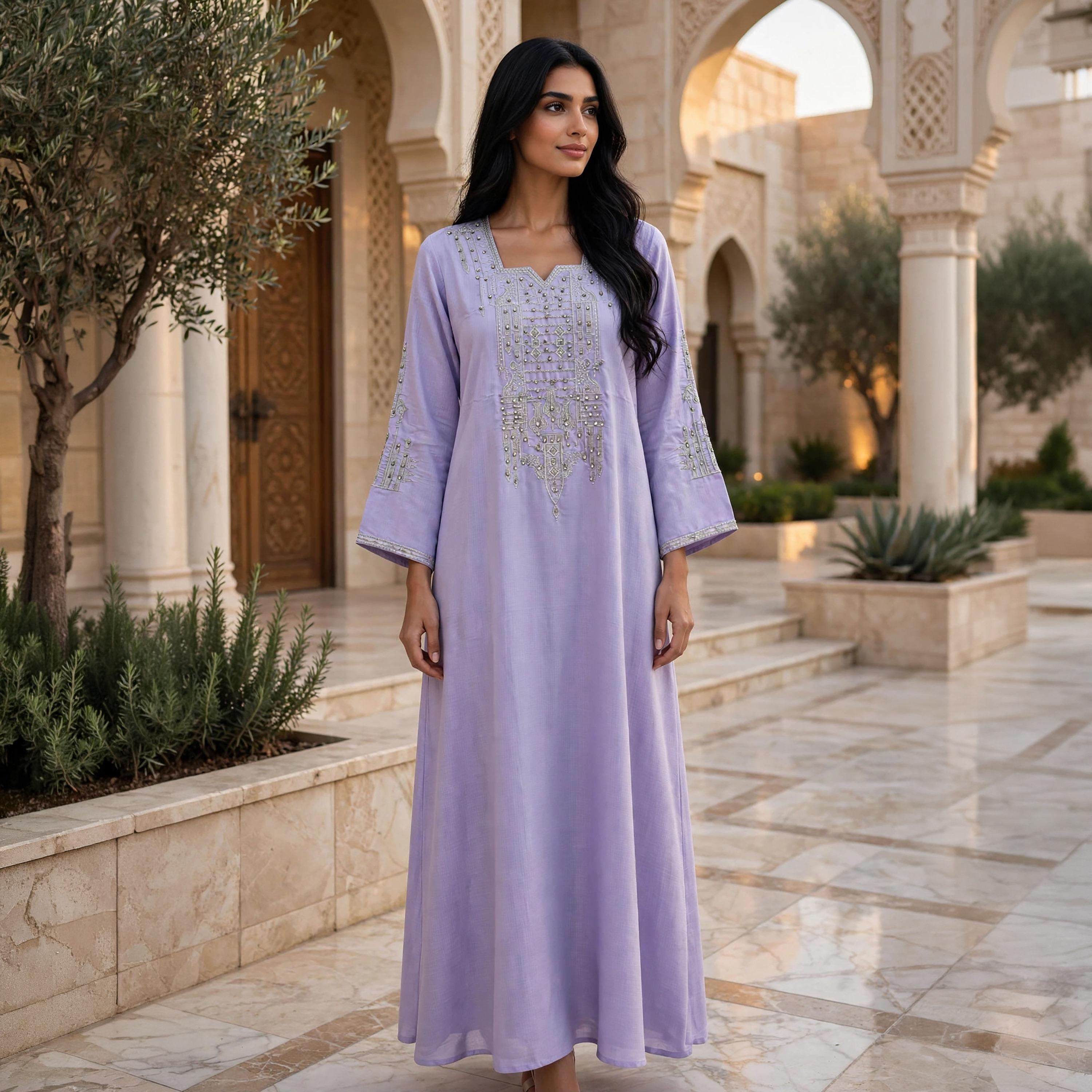 IKKXA Embroidered Yoke Square Neck Women's Flowing Jalabiya-women-arabicclothing-jalabiyas-image-1