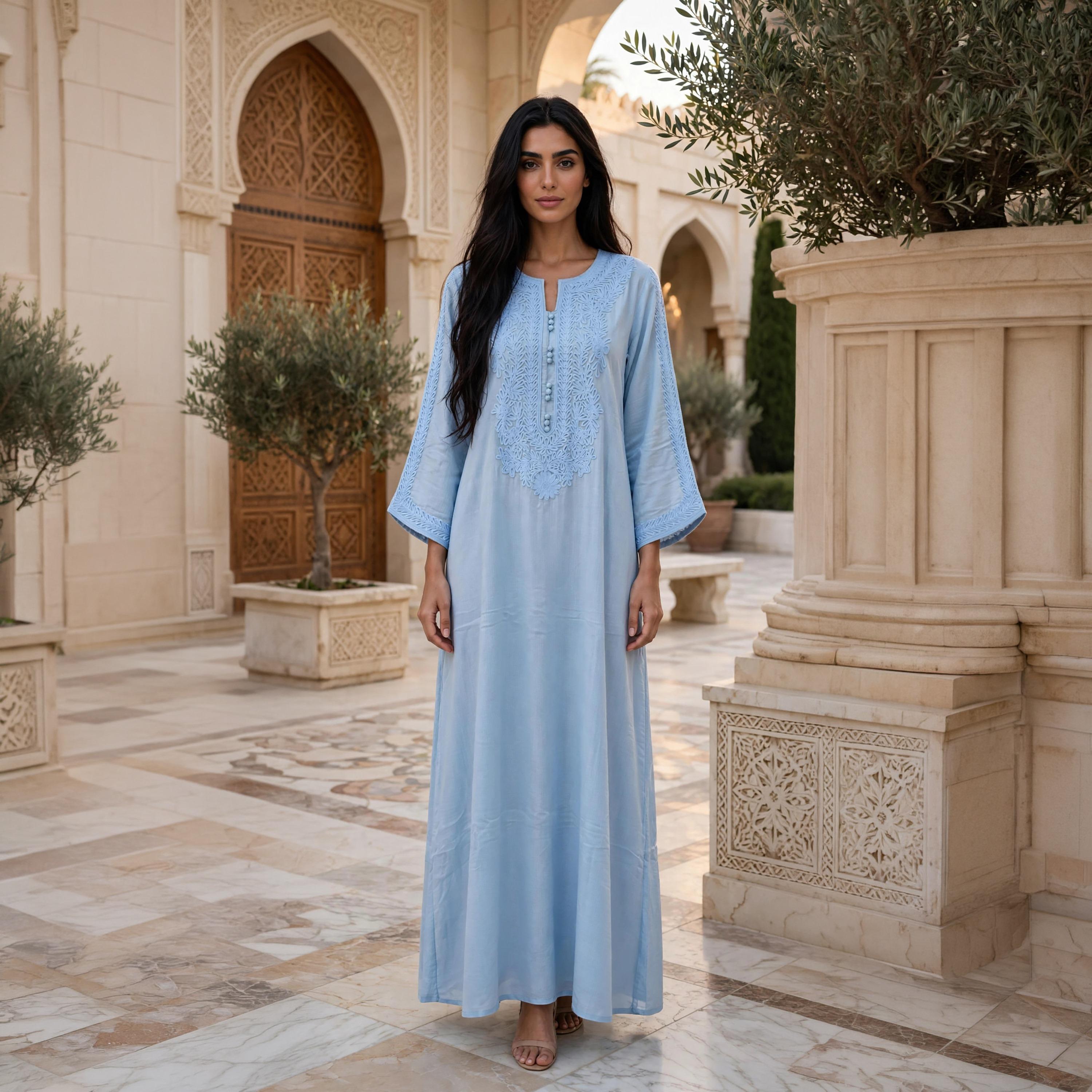 IKKXA Embroidered Yoke Trumpet Sleeves Women's Jalabiya-women-arabicclothing-jalabiyas-image-1