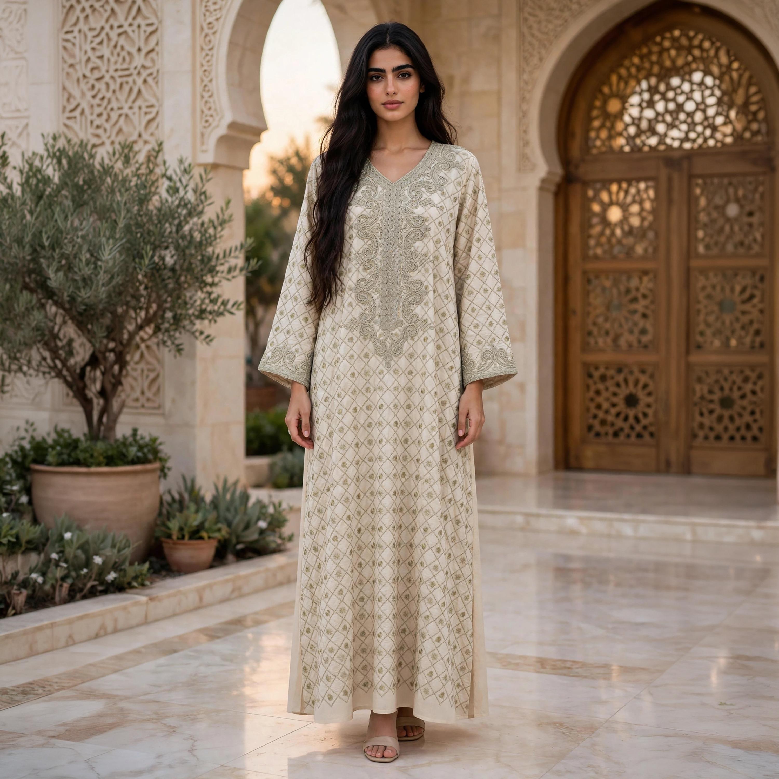 IKKXA Paisley Embroidered Yoke Women's Maxi Jalabiya-women-arabicclothing-jalabiyas-image-1