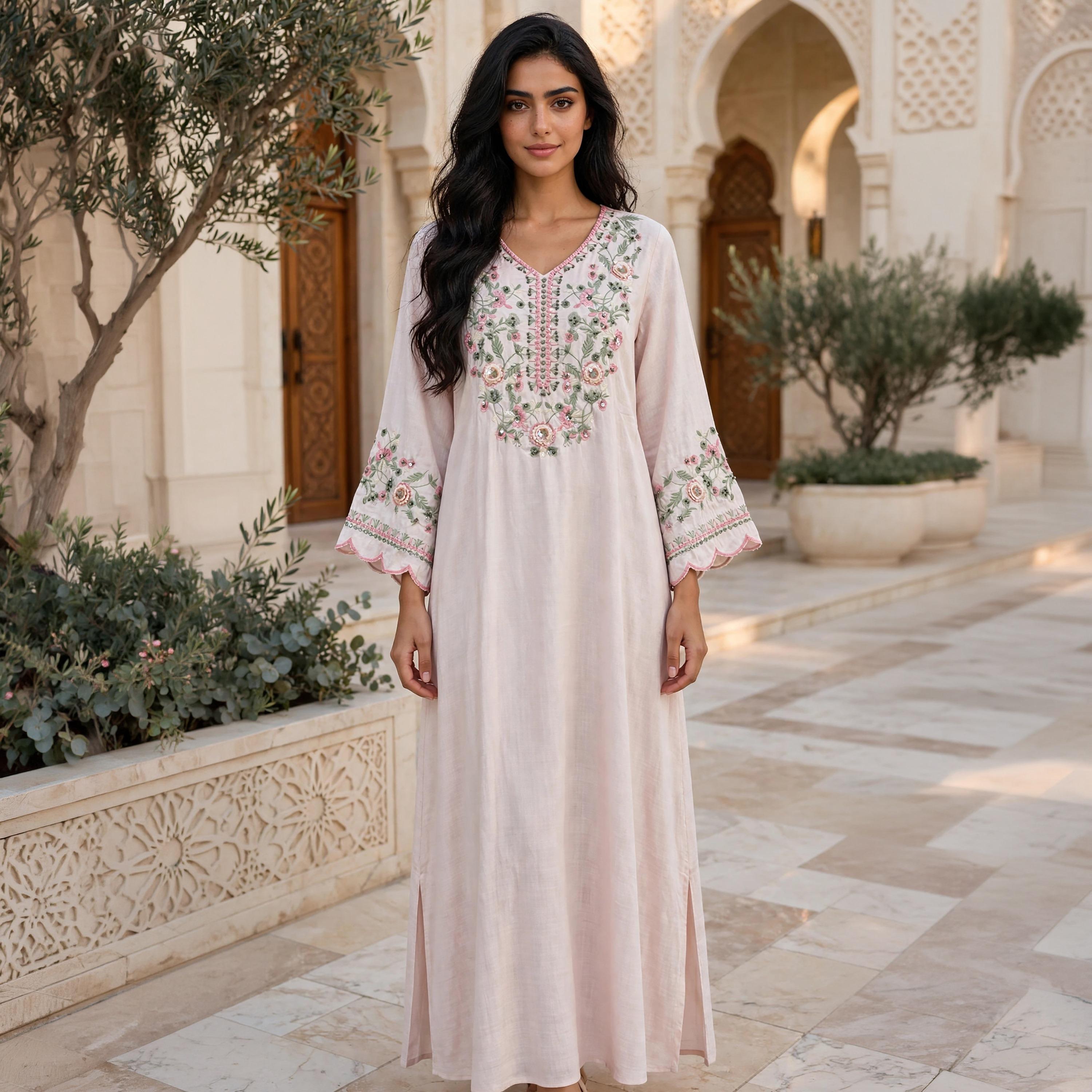 IKKXA Floral Embroidered Scallop Cuffed Women's Flowing Jalabiya-women-arabicclothing-jalabiyas-image-1