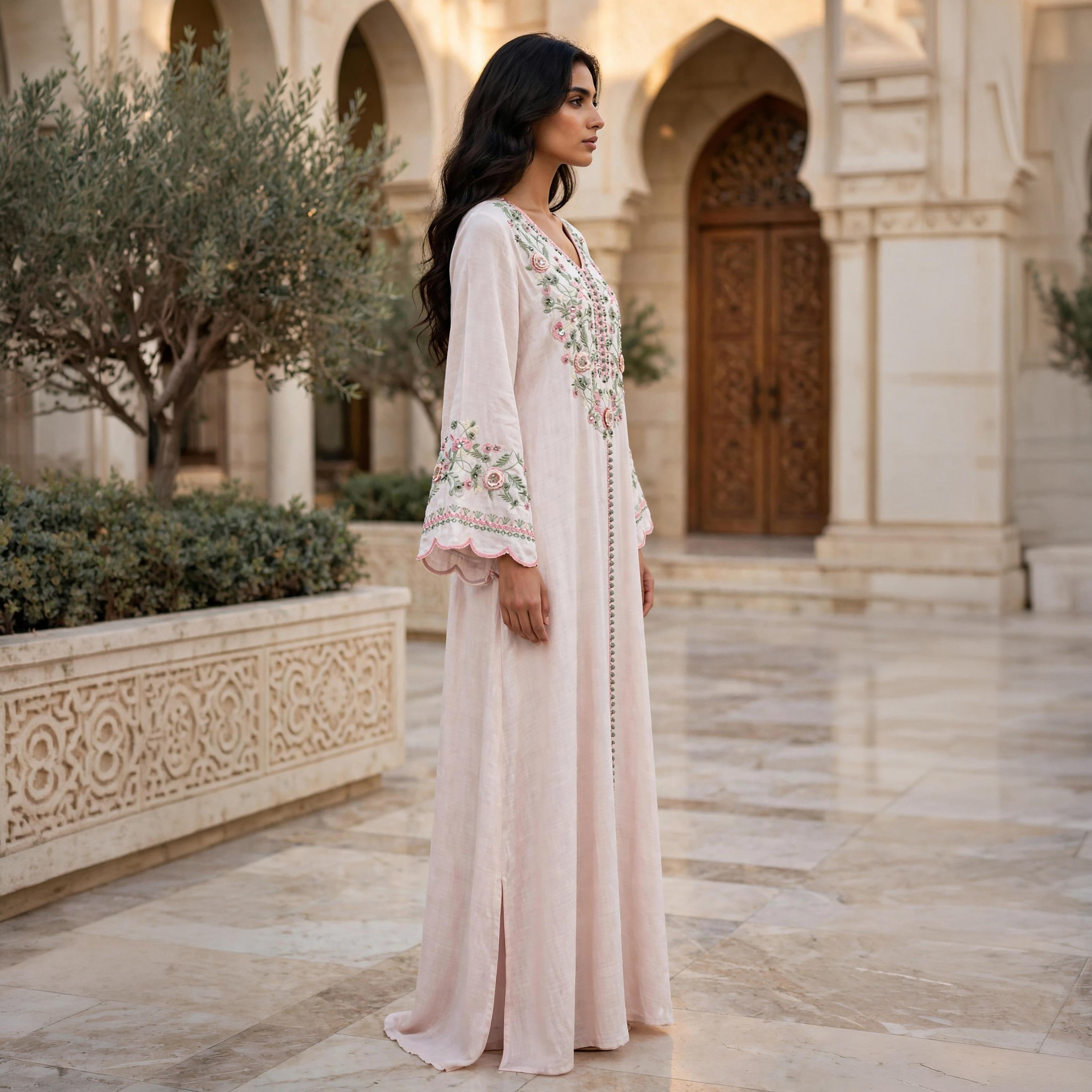 IKKXA Floral Embroidered Scallop Cuffed Women's Flowing Jalabiya-women-arabicclothing-jalabiyas-image-3