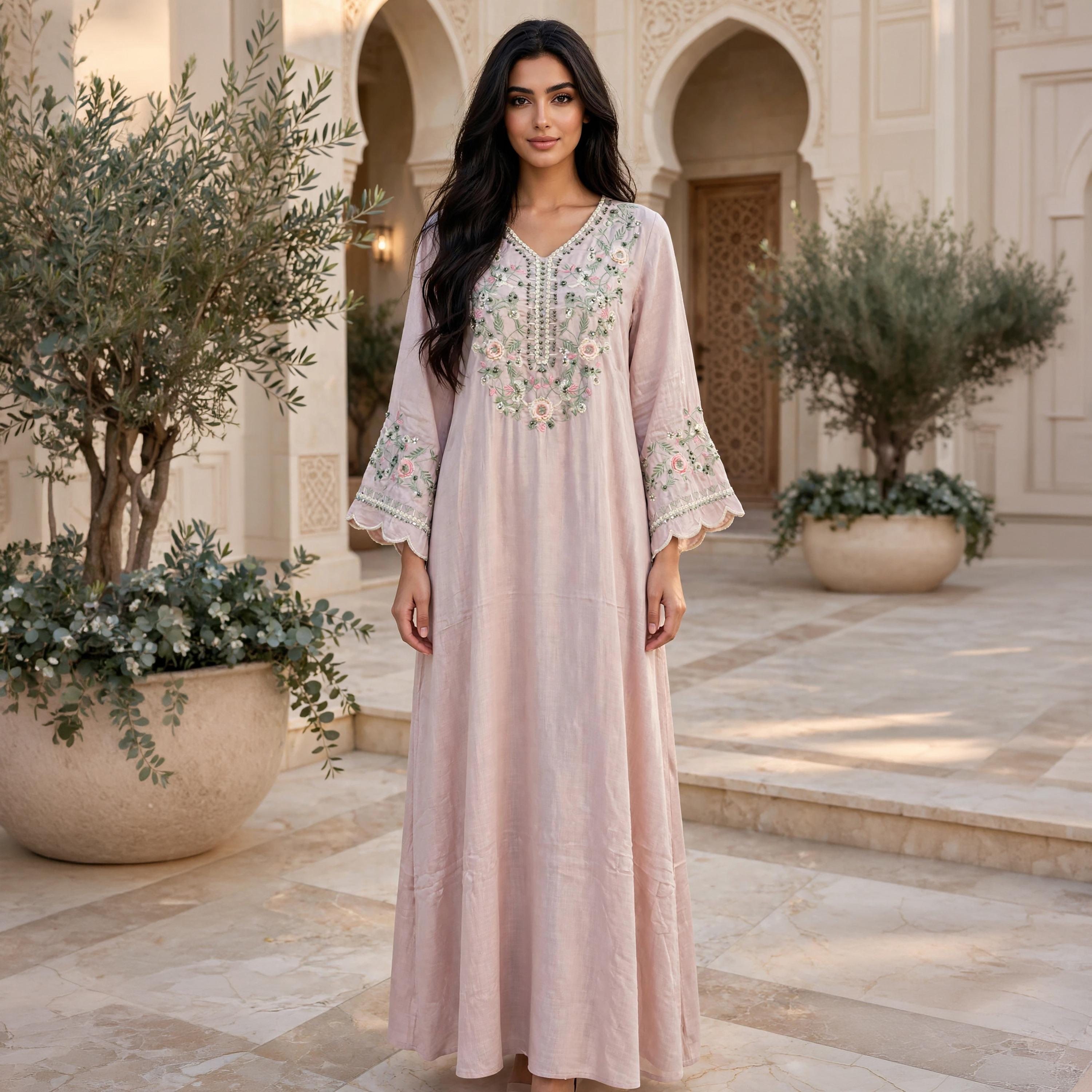 IKKXA Floral Embroidered Scallop Cuffed Women's Flowing Jalabiya-women-arabicclothing-jalabiyas-image-1